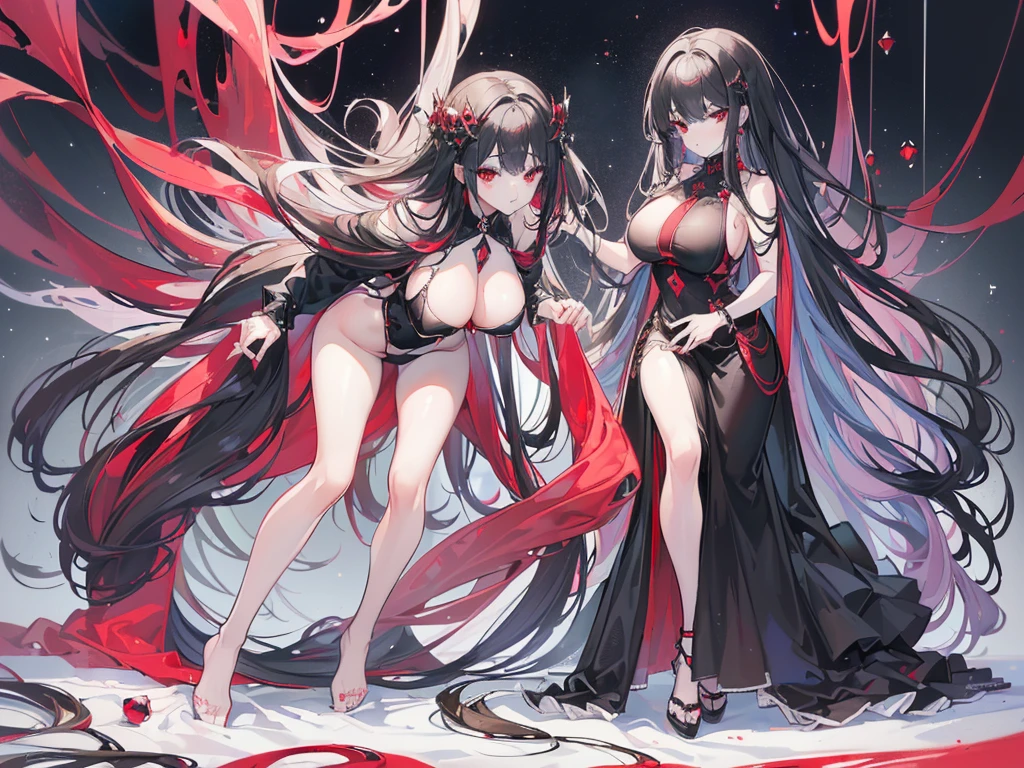 (Exquisite eyes),(Clear and beautiful eyes:1.61),masterpiece, ung girl,(Black clothes and some red gems), Black long hair, (She has a huge red gem on her chest), Good Hand,((The Havoc of StarCraft)),full-body shot,Fighting Stance,(Red Eyes:1.466),short and small,(Very big breasts:1.35),(Pretty Face),(full-body shot:1.33),Beautiful hands