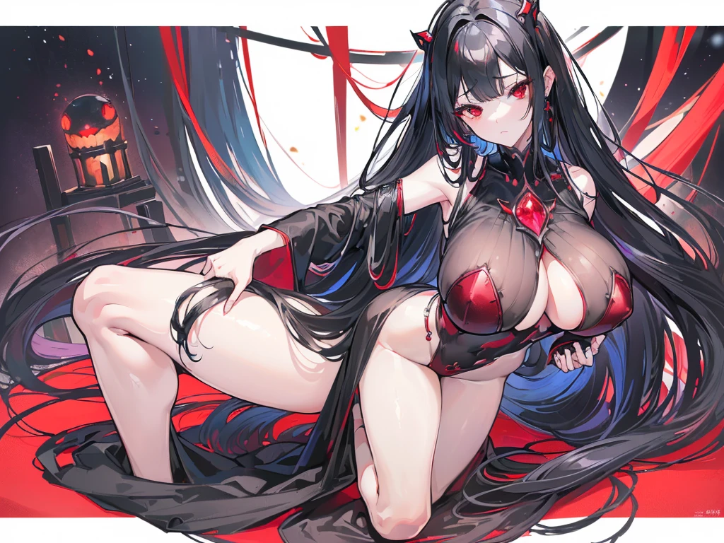(Exquisite eyes),(Clear and beautiful eyes:1.61),masterpiece, ung girl,(Black clothes and some red gems), Black long hair, (She has a huge red gem on her chest), Good Hand,((The Havoc of StarCraft)),full-body shot,Fighting Stance,(Red Eyes:1.466),short and small,(Very big breasts:1.35),(Pretty Face),(full-body shot:1.33),Beautiful hands