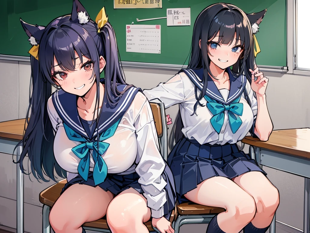 high school girl、Dressed in high 、School classroom、(Big Breasts)、Grinning face、There is only one person、((((独奏))))、(one girl)、smirk、