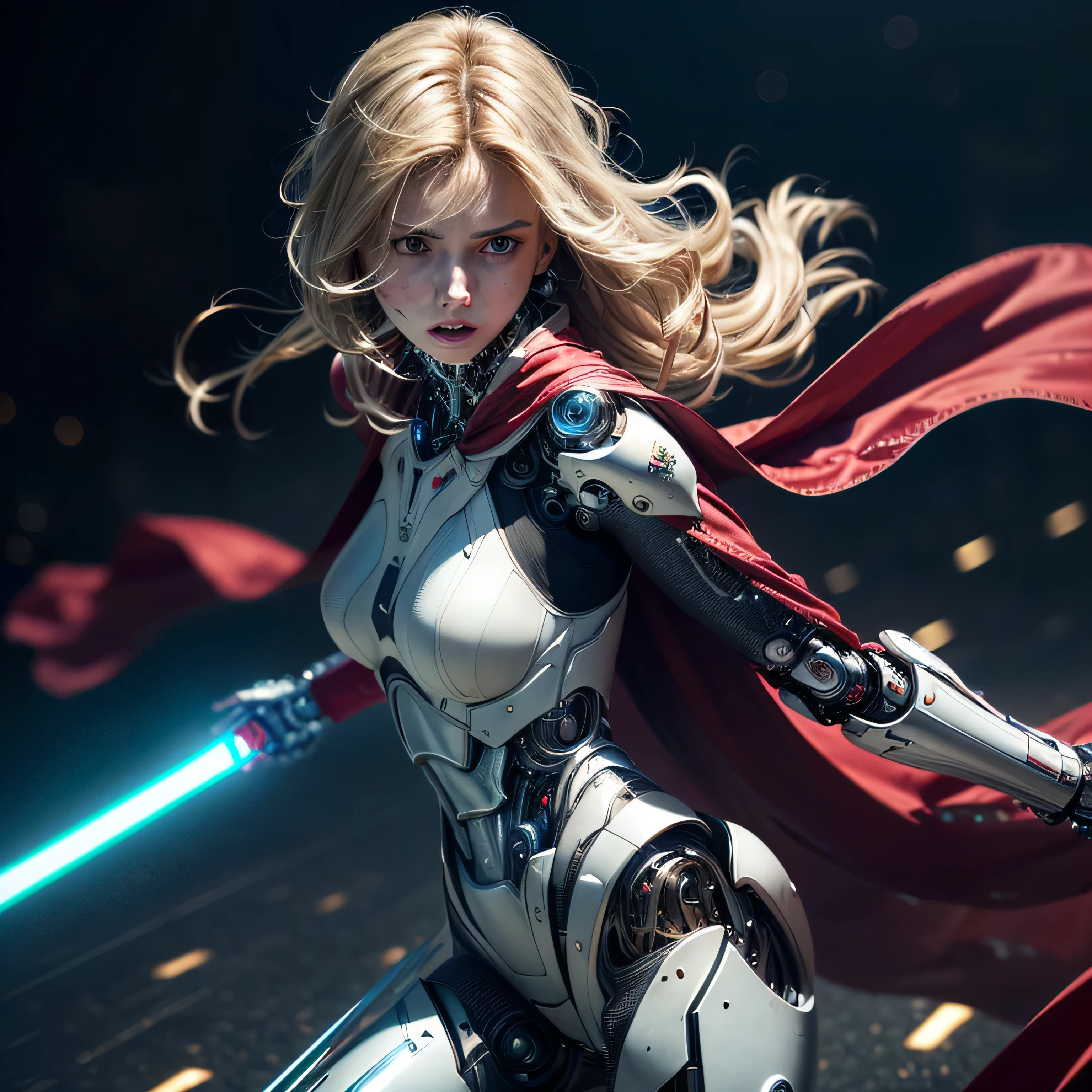(masterpiece, photorealistic:1.4, extremely intricate:1.3), (photon mapping, radiosity, physically based rendering, ultra resolution, hyper-realistic, hyper-realistic, 8K, (dtx)),  supermodel , ((lacquered white perfectchainmail armor:0.8, ((mechanical limbs, cybernetic arms, futuristic cyborg, ((weapon))), tattered red cape), lightsaber, intense, [skin detail:freckles:0.8])), metal reflections, blank background, empty room, dark room, black background, no scenery, professional photograph, (straight blonde hair, wind, windy, running dynamic movement pose, arm raised), sharp focus, dramatic, award winning, (film grain, bokeh, interaction)
