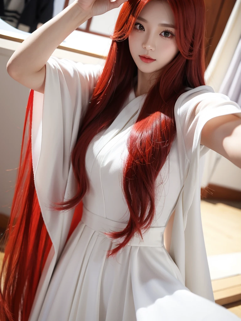 Korean with long red hair, white gown, Selfie