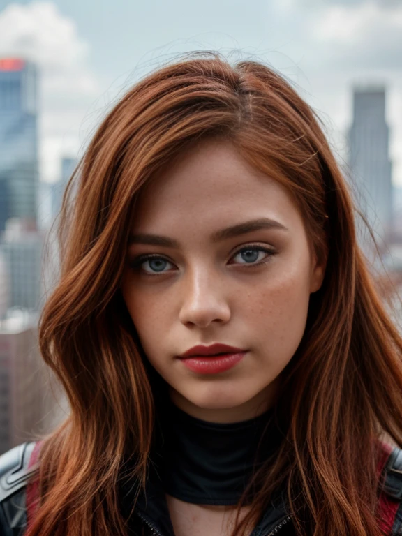 16k, HDR, RTX, photorealistic, 1 beautiful redhead woman with small freckles on her cheeks, cute, lips, red lipstick, long hair, looking at viewer, makeup, nose, realistic, (completely body), ((redhead woman with freckles)), raw photo,studio_shot,uhd, dslr, soft lighting, high quality, film grain, cute, lips, long hair, looking at viewer, makeup, nose, realistic, (complete body), raw photo, studio_shot, soft lighting, high quality, film grain,(1girl:1.3), Solo, (((Very detailed face)))), ((Very detailed eyes and face)))), Beautiful detail eyes, Body parts__, Official art, Unified 8k wallpaper, Super detailed, beautiful and beautiful, beautiful, masterpiece, best quality, original, masterpiece, super fine photo, best quality, super high resolution, realistic realism, sunlight, full body portrait, (amazing beauty), dynamic pose, delicate face, vibrant eyes, (from the front), She wears Spider-Man suit, red and black color scheme, spider, very detailed city roof background, rooftop, overlooking the city, detailed face, detailed complex busy background, messy, gorgeous, highly detailed skin, realistic skin details, visible pores, clear focus, volumetric fog, DSLR, high quality, film grain, fair skin, photo realism, lomography, futuristic dystopian megalopolis, translucent
