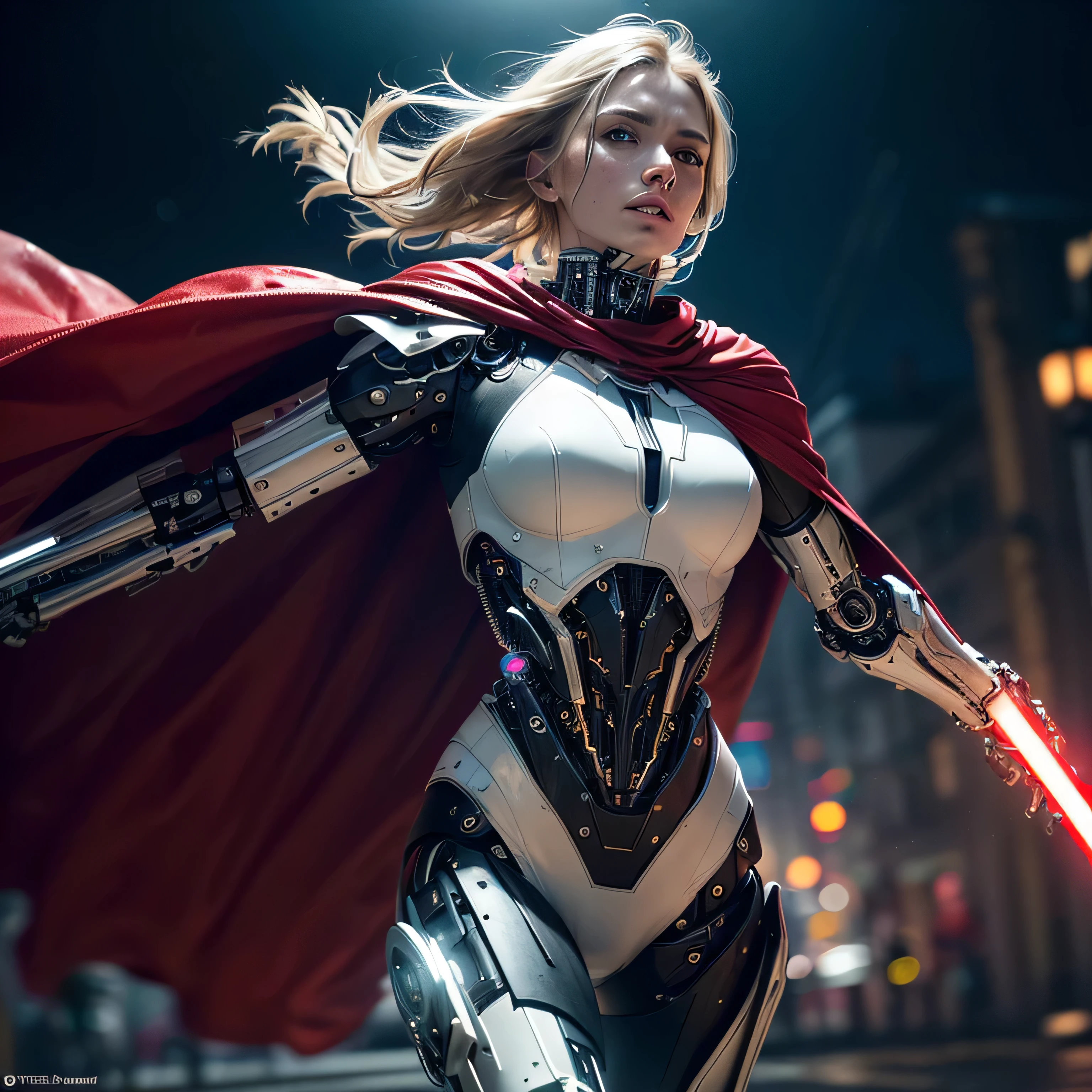 (masterpiece, photorealistic:1.4, extremely intricate:1.3), (photon mapping, radiosity, physically based rendering, ultra resolution, hyper-realistic, hyper-realistic, 8K, (dtx)),  supermodel , ((lacquered white perfectchainmail armor:0.8, ((mechanical limbs, cybernetic arms, futuristic cyborg, ((weapon))), tattered red cape), lightsaber, intense, [skin detail:freckles:0.8])), metal reflections, blank background, empty room, dark room, black background, no scenery, professional photograph, (straight blonde hair, wind, windy, running dynamic movement pose, arm raised), sharp focus, dramatic, award winning, (film grain, bokeh, interaction)
