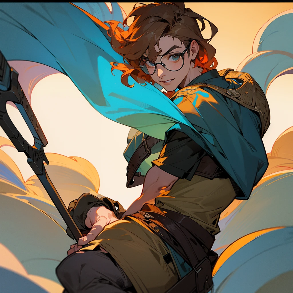 joven gamer com casaca a cuadros griss cargando el acha de thor, wearing glasses and wavy hair with a mochicano cut.