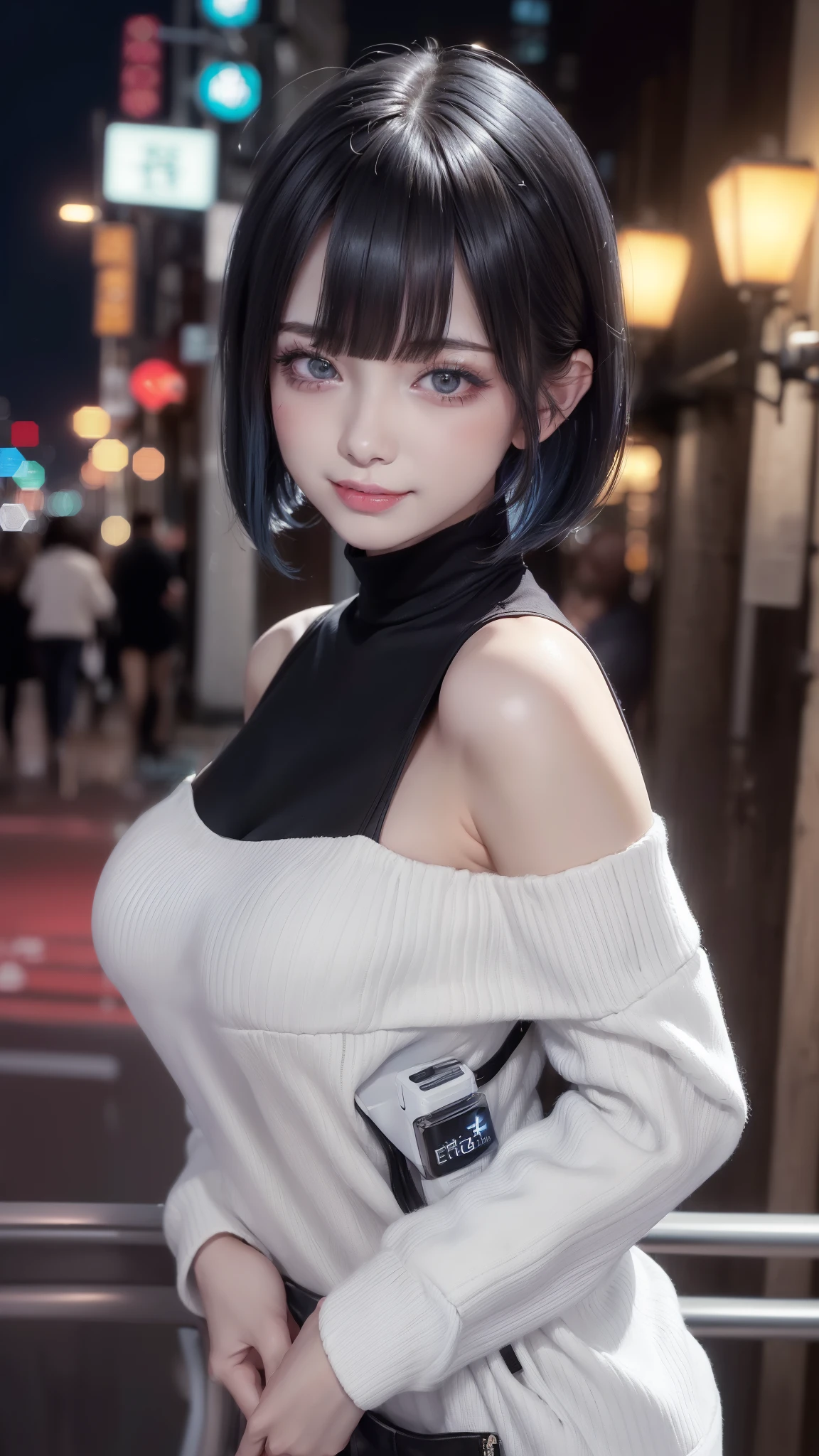 (Safety Sensor、sfw:1.8, Approved as safe、Can be viewed:1.8),masterpiece、masterpiece、highest quality、highest quality、Accurate the human body、Lighting to suit the mood、Accurate、Elaborate、masterpiece、Exquisite facial detail、Detailed Background、Background Blur、Detailed and beautiful background、Accurate 5-finger、Accurate human body、The perfect human body、
BREAK、
(Straight short bob hair:1.8、 Blackhair & blue hair、Heavy bangs:1.2、White skin、Super big boobs:1.5、ネオンライト、 night:1.6, Dim lighting:1.8, jirai girl:1.5, jirai makeup:1.3), Outdoor、 Side zip off-the-shoulder sweater、No underwear:1.5,Vulgar Grin:1.8, Mesgaquismiles:1.8、Sexually provocative girl:1.8、Downtown at night、Big city、A street corner in the red light district at night、crowd:1.8