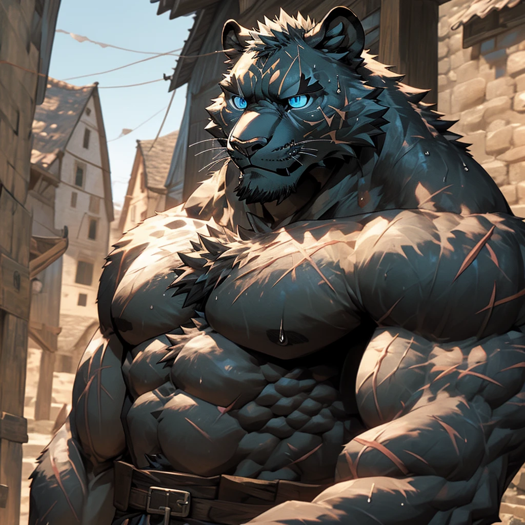 Sweating muscular man in a medieval village,Topless,With furry anthropomorphic chest hair,Serious face(scars in the face) Mature (blue eyes)Big muscles,Ripped abdominal muscles,Wild General,Ambitious,Consider,Uncle vicissitudes,White Tiger