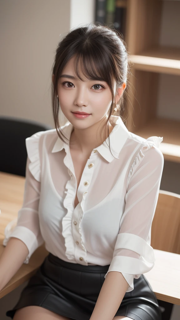 (1girl), (round eyes:1.2), (highly detailed face and eyes), smile, Amazing face and eyes, (frills shirt:1.3), (Best Quality:1.4), (Ultra-detailed), (extremely detailed CG unified 8k wallpaper), Highly detailed, High-definition raw color photos, Professional Photography, Realistic portrait, Amazing face and eyes, indoors, office, (office lady, casual, No sleeve, :1.3), (A moment of relaxation), model, depth of fields, (fine face:1.2),