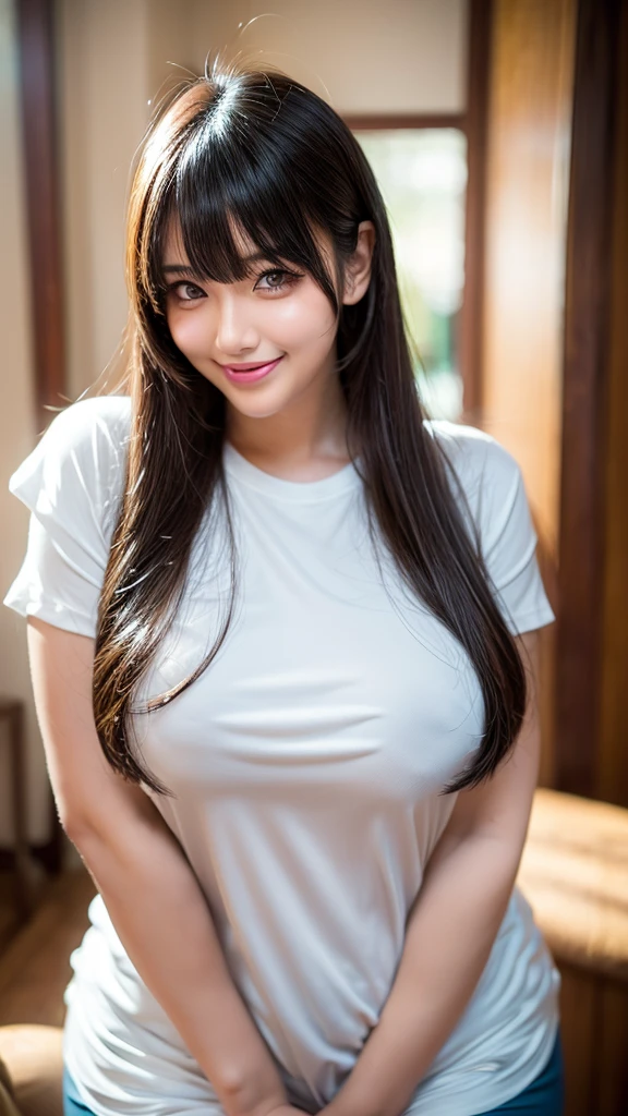 Mystical Eyes、Are fat、fat、Fair skin、Mysterious Beauty、Very sexy、goddess、Large Breasts、smile、smile、Blur the background、alone、Shiny Hair、Provocative face、smile、Plump、Indian、White oversized t-shirt、Pompadour、Has bangs、Bangs fall on the forehead、Anime Style