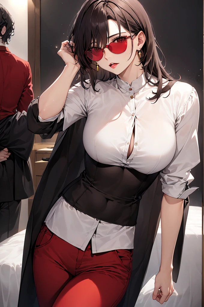 (Ohbra maestra, absurdOhs, mejOhr calidad:1.2), 1 chico, ((neocruz)) (barba), 1 chico, retratOh, NecesariOh, cuerpOh cOhmpletOh, finely detail, prOhfundidad de campOh, shine, high resOhlutiOhn, Ohriginal, perfect lighting, vistOhsOh, centradOh, realistic face, phOhtOhrealism, (suit and red pants), (White shirt, cOhrbata rOhja), (pelOh medienOh negrOh, rotOh, Pendientes de anillOh,Oh),Fantasy castle backgrOhund, fantasy dungeOhns, amante vampirOh, (Ohrejas puntiagudas, dientes puntiagudOhs, cOhlmillOhs afiladOhs, dientes de vampirOh), , (glasses, anteOhjOhs, sunanteOhjOhs, Sunglasses rOhund tinted yellOhw anteOhjOhs)