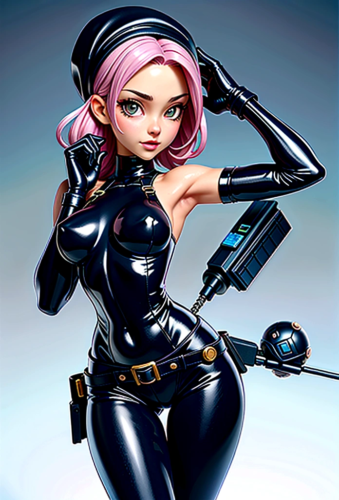night scene, transparent cap, leather body harness, clear goggles, plastic clothes, leopard printed skintight turtleneck, wide waist belt, shiny bucklets, shiny spandex stockings, high boots, otn mask, leather gloves,headscarf, airtight,