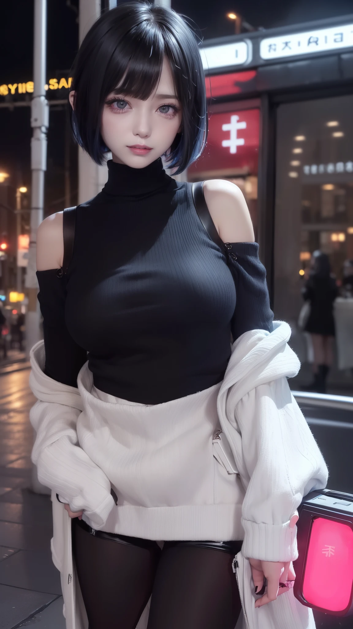 (Safety Sensor、sfw:1.8, Approved as safe、Can be viewed:1.8),masterpiece、masterpiece、highest quality、highest quality、Accurate the human body、Lighting to suit the mood、Accurate、Elaborate、masterpiece、Exquisite facial detail、Detailed Background、Background Blur、Detailed and beautiful background、Accurate 5-finger、Accurate human body、The perfect human body、
BREAK、
(Straight short bob hair:1.8、 Blackhair & blue hair、Heavy bangs:1.2、White skin、Super big boobs:1.5、ネオンライト、 night:1.6, Dim lighting:1.8, jirai girl:1.5, jirai makeup:1.3), Outdoor、 Side zip off-the-shoulder sweater、No underwear:1.5,Vulgar Grin:1.8, Mesgaquismiles:1.8、Sexually provocative girl:1.8、Downtown at night、Big city、A street corner in the red light district at night、crowd:1.8