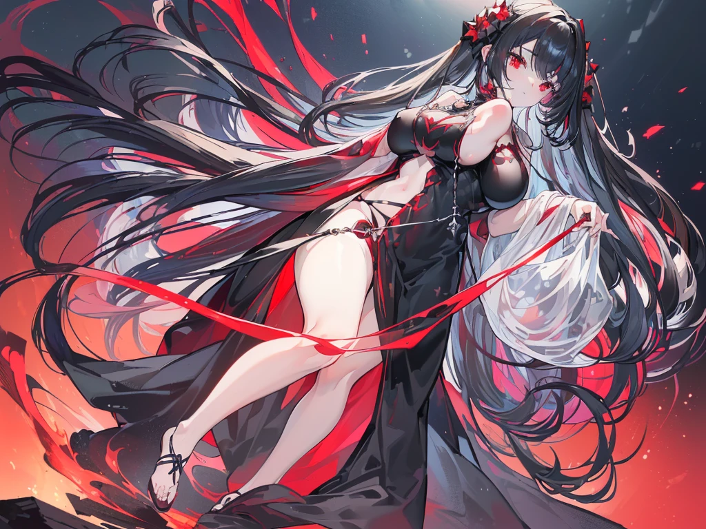 (Exquisite eyes),(Clear and beautiful eyes:1.61),masterpiece, 1 young girl,(Black clothes and some red gems), Black long hair, (She has a huge red gem on her ), Good Hand,((The Havoc of StarCraft)),full-body shot,Fighting Stance,(Red Eyes:1.466)，short and small,(Very :1.35),(Pretty Face),(full-body shot:1.33),Beautiful hands