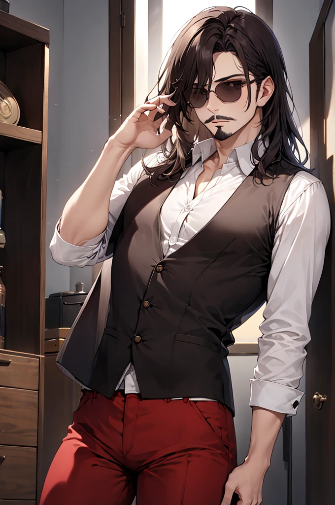 bug, black hair, butterfly, solo, shirt, necktie, yellow eyes, tattoo, short hair, navel, hair over one eye, 1girl, open clothes, curtains, indoors, white shirt, mouth hold, open shirt, undone necktie, naked shirt, red necktie, looking at viewer, bottomless, long sleeves, 1boy, picture frame, male focus, collared shirt <lora:SilvermoonMix10:1>