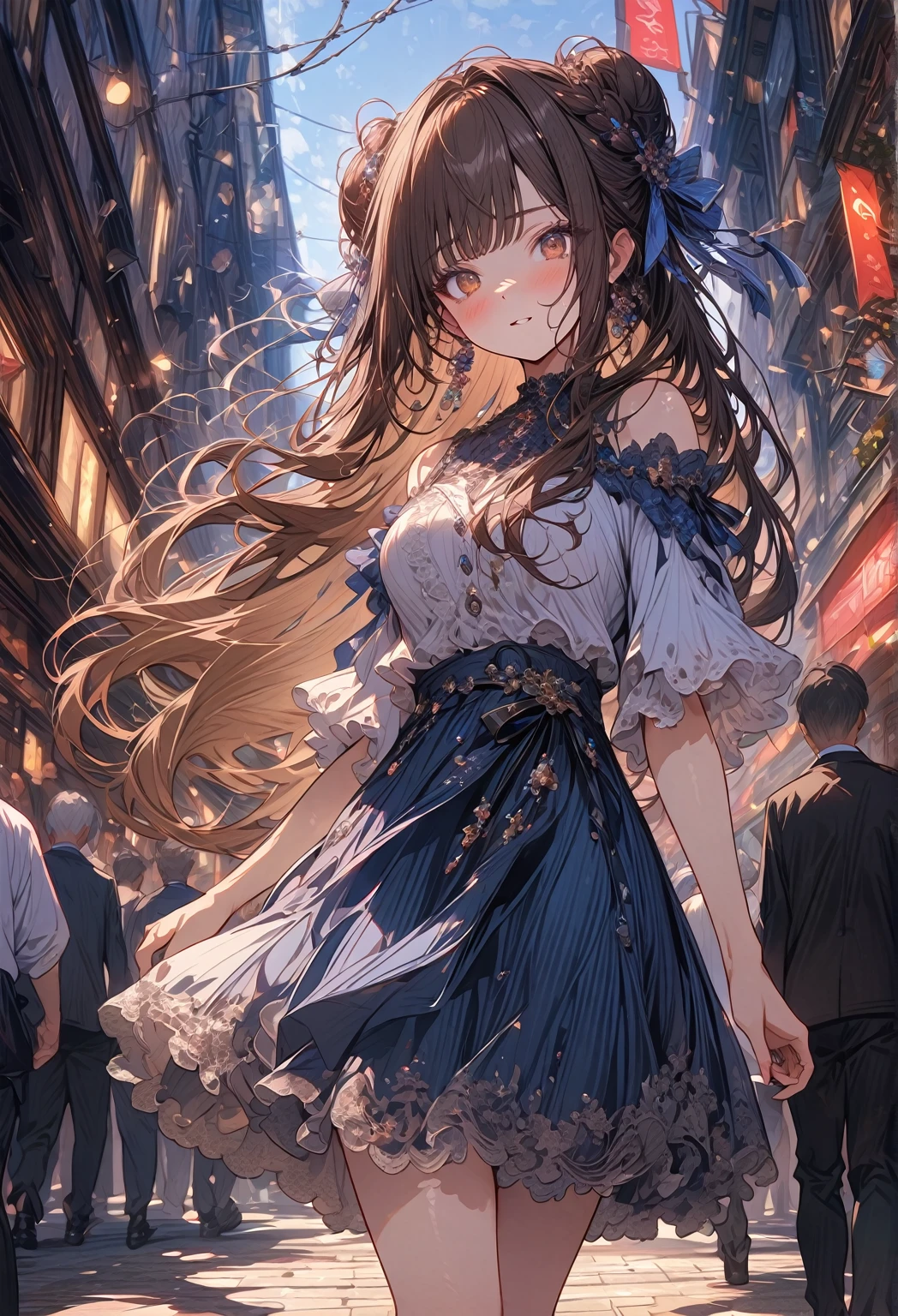 ((masterpiece:0), best quality, very aesthetic, newest, absurdres, detailed, high quality)
BREAK
highest quality, top quality, details, highres, ultra fine painting, digital art, official art, cinematic, 4k, 8k resolution, 8K CG wallpaper, CG, original artwork, detailed background, colorful background, blue atmosphere, High Dynamic Range, blurry background, blue hour, Starburst effects, crepuscular rays, good ISO, high resolution, wide shot, from far away, RAW photo, POV, sharp focus, light reflection, reflections, intricate details, soft light, particle noise, professional photography, bokeh, depth of field, natural lighting, vibrant colors, looking away, detailed lights and shadows, stylish, ultra-detailed, top rated on Pixiv, trending on Artstation, niji style, modern-days, master crafted, pose
BREAK
solo, 1girl, a girl, correct fingers, detailed hair, (medium big breasts:1.2), big thighs, short torso, short body, flushtered, blush, anxious expression, casual, slim, ((cute, childlike face):1.3), nice hips, nice body, brown hair, (long flowing hair:1.1), big 2 buns hairstyle, long bangs, long hair, middle hair bangs, brown eyes
BREAK
((colorful outfit), off shoulder crop top, short skirt, headphone, jacket, casual cap, belts, straps, choker, gloves, boots, (stockings), garterbelt, accessories, outfit ornaments, sneakers, kemonomimi, 1 tail, correct tail, (full body)) 
BREAK
a person walking down a street with a crowd of people, crowded street, crowded streets, in front of a large crowd, giant crowd, girl walking through city, people walking down a street