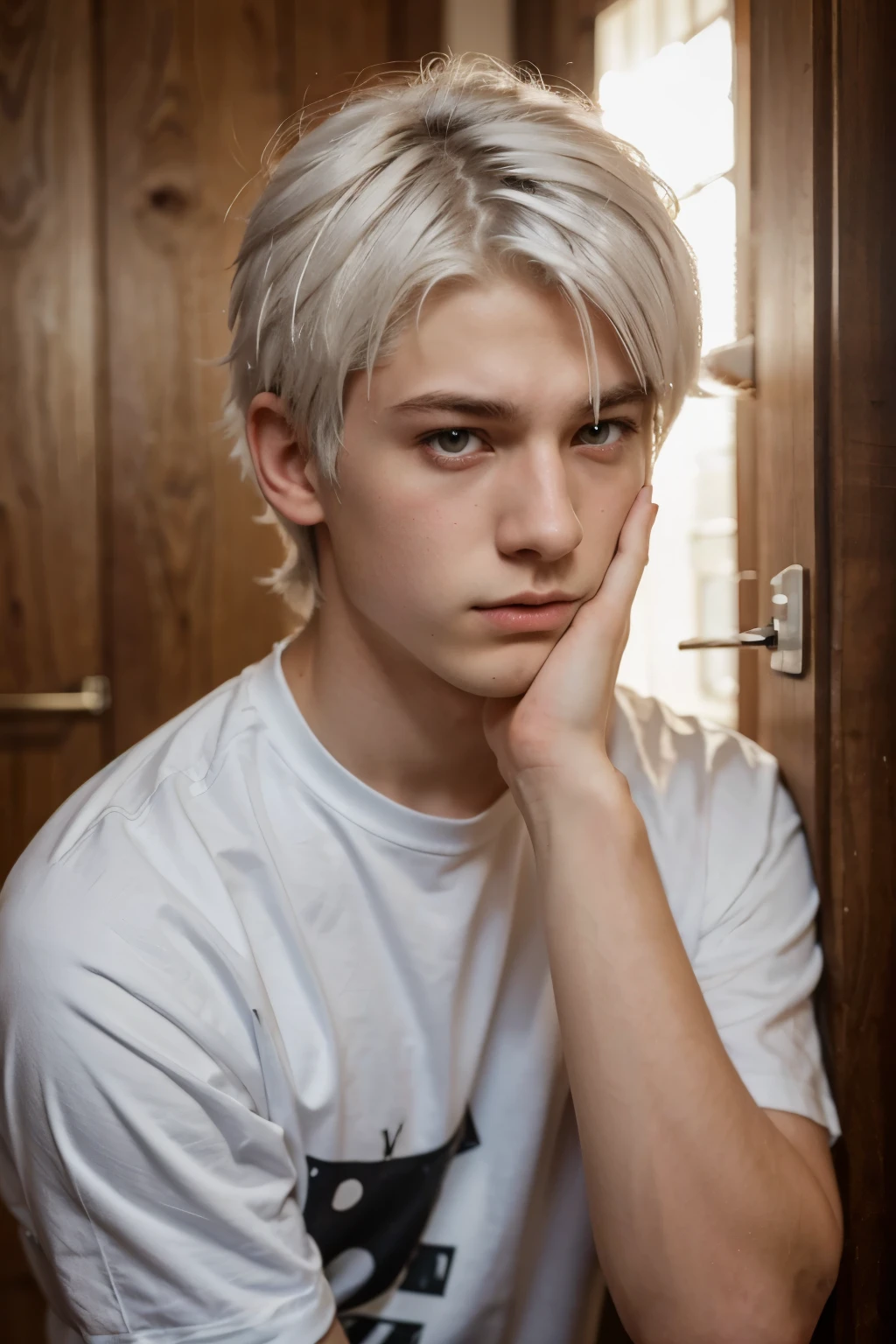 A 17-year-old man with white hair and red eyes. He is in a duck position with his hands on his head and is whistling anime.