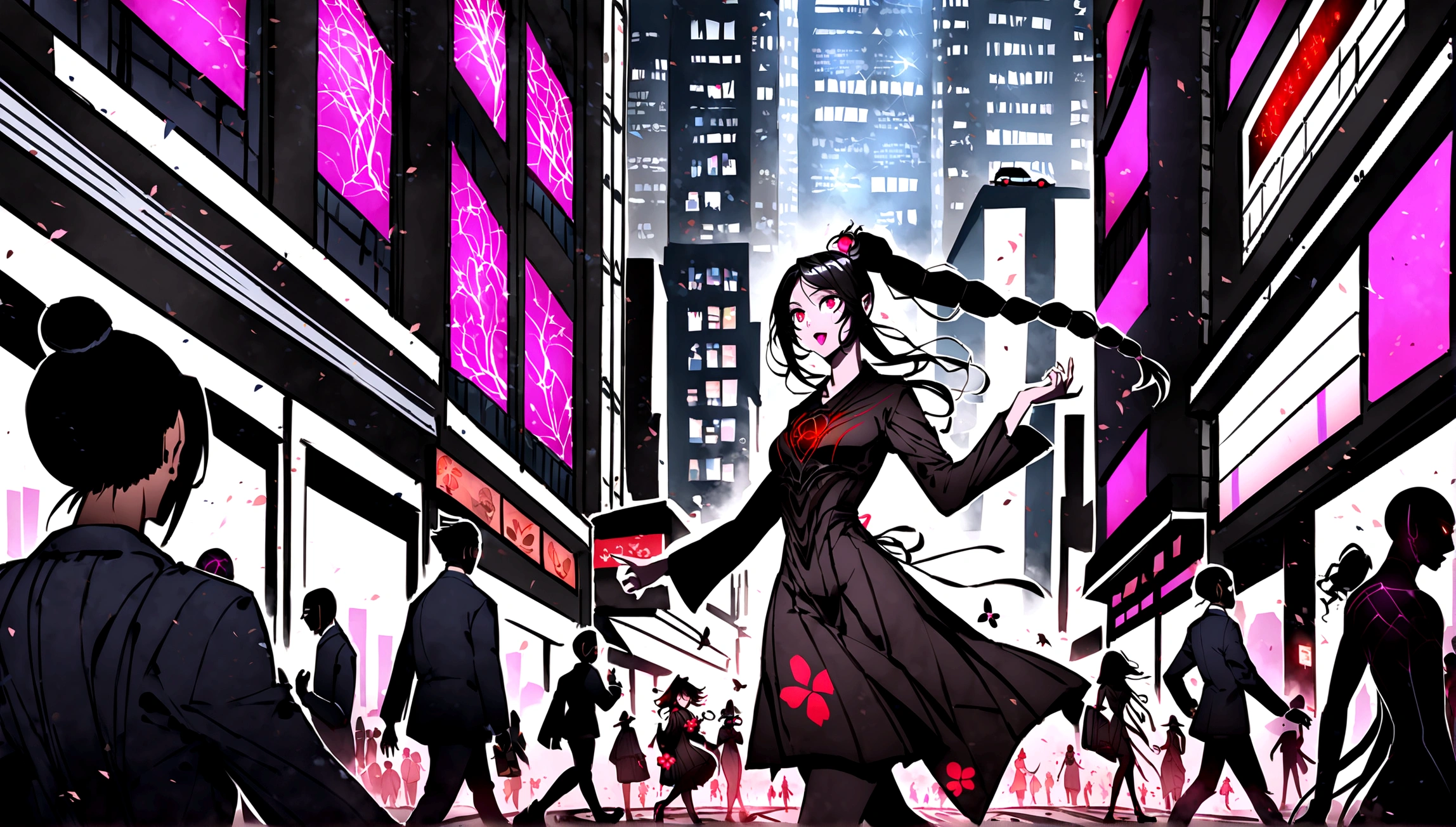 A dark-haired girl named Akira with long black hair and red eyes, wearing a black dress, walking to work in a bustling, modern futuristic city. The city is alive with activity, with people rushing by, cars and buses moving, and tall skyscrapers surrounding her. The atmosphere is urban and vibrant, with neon lights and holographic billboards, contrasting with Akira's calm and mysterious presence. The background includes bright city lights, advanced technology, and street vendors, emphasizing the busy city life. The tone should be in a dark art style similar to 'Death Note,' 'Tokyo Ghoul,