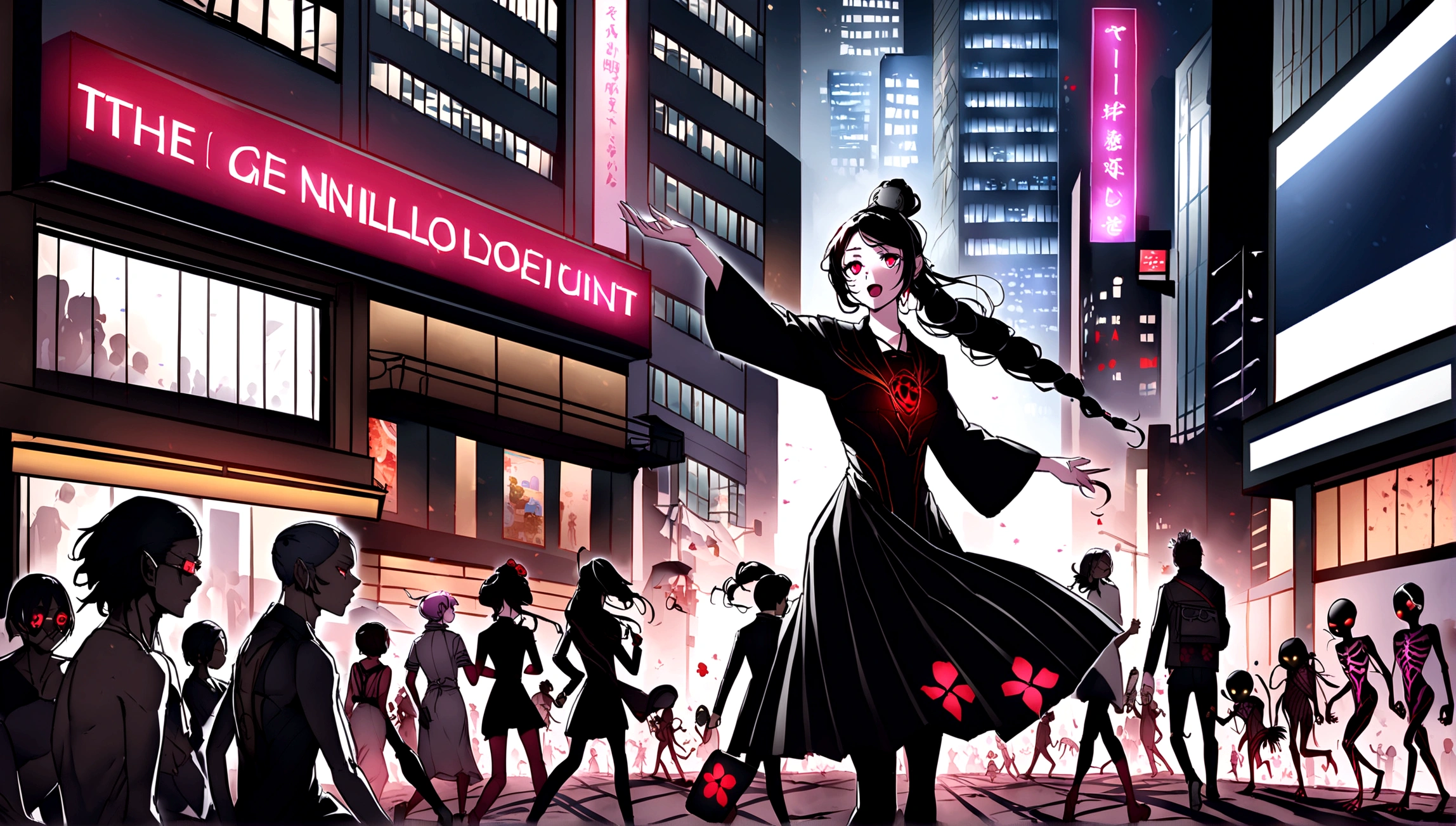 A dark-haired girl named Akira with long black hair and red eyes, wearing a black dress, walking to work in a bustling, modern futuristic city. The city is alive with activity, with people rushing by, cars and buses moving, and tall skyscrapers surrounding her. The atmosphere is urban and vibrant, with neon lights and holographic billboards, contrasting with Akira's calm and mysterious presence. The background includes bright city lights, advanced technology, and street vendors, emphasizing the busy city life. The tone should be in a dark art style similar to 'Death Note,' 'Tokyo Ghoul,