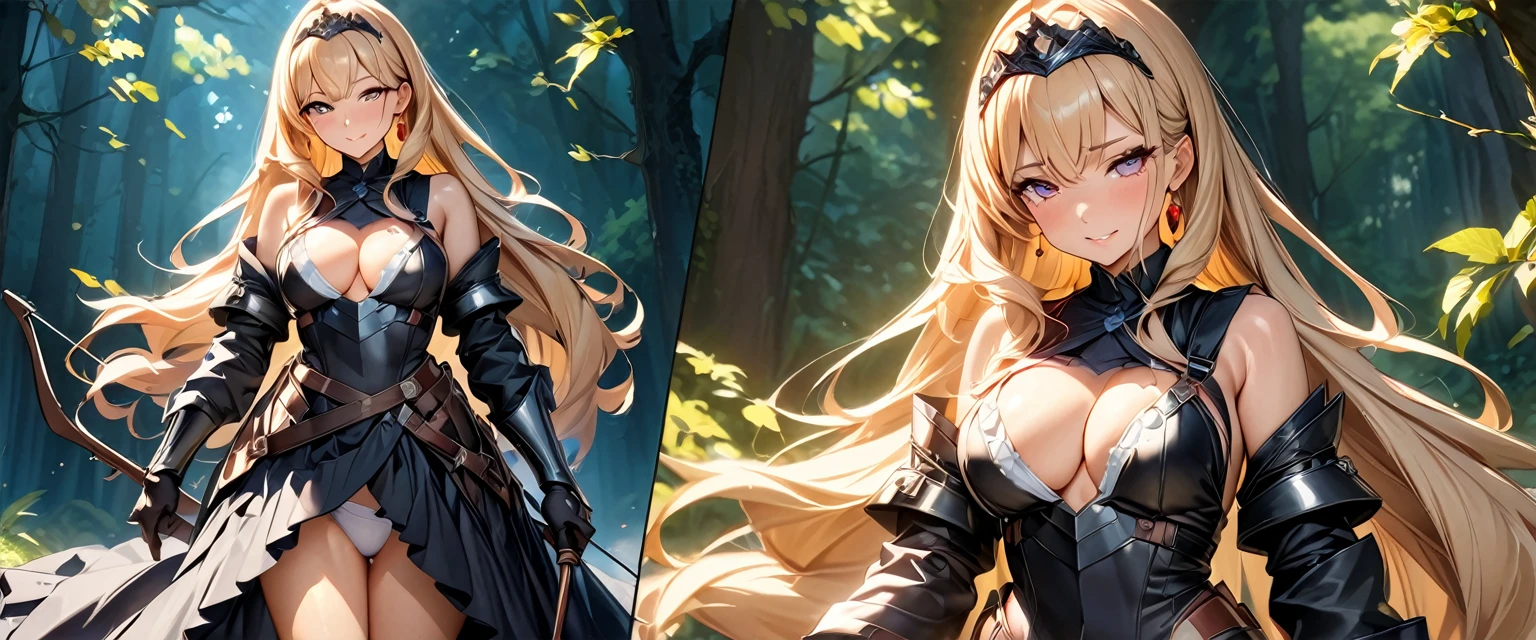 (Perfect Anatomy)、Mastepiece、Ultra High Quality、 8K、masterpiece、Highest quality、Ultra-high resolution、Maximum resolution、Very detailed、Professional Lighting、anime、Adult female、thin、so beautiful、Highly detailed eye、Highly detailed face、Armored Dress, Red and black armor, , Black decorated gorgeous tiara,Red earrings,Frilly Armor,Golden Hair, The tips of her hair are pink、Golden Eyes,White underwear、forest、Bow equipment, equipped with a bow and arrow, female archer, Archer, Defeat the enemy on the battlefield, shoot a bow, Cleavage、Overall image, seductive smile