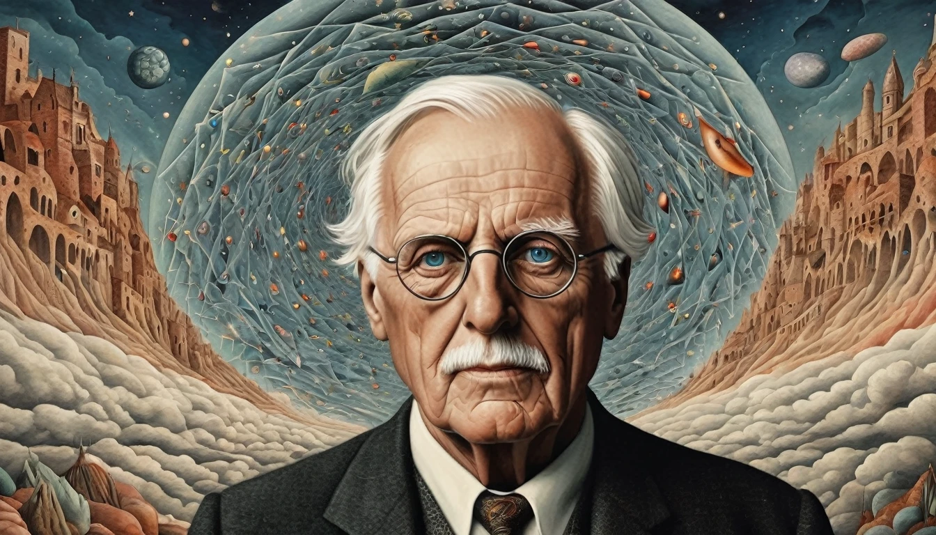 Carl jung in the style of Surrealism, exploring the subconscious and hidden realities, AI-generated