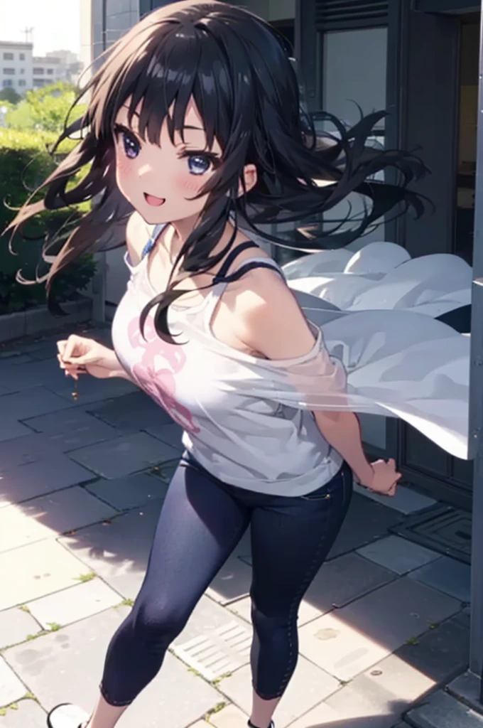 mioakiyama, My Akiyama, Long Hair, bangs, Black Hair, (Iris:1.3), Hime cut happy smile, smile, Open your mouth,blush,Cold shoulder tops,skinny pants,Stiletto heels,Walking,The sun is rising,morning,morning陽,whole bodyがイラストに入るように,
break outdoors, School,courtyard,
break looking at viewer, whole body,
break (masterpiece:1.2), Highest quality, High resolution, unity 8k wallpaper, (figure:0.8), (Beautiful attention to detail:1.6), Highly detailed face, Perfect lighting, Highly detailed CG, (Perfect hands, Perfect Anatomy),
