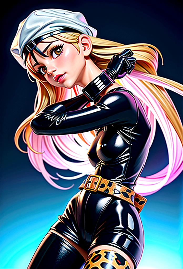 night scene, cap, leather body , clear goggles, plastic clothes, leopard printed turtleneck, wide waist belt, shiny bucklets, shiny spandex stockings, high boots, otn mask, leather gloves,headscarf, airtight,