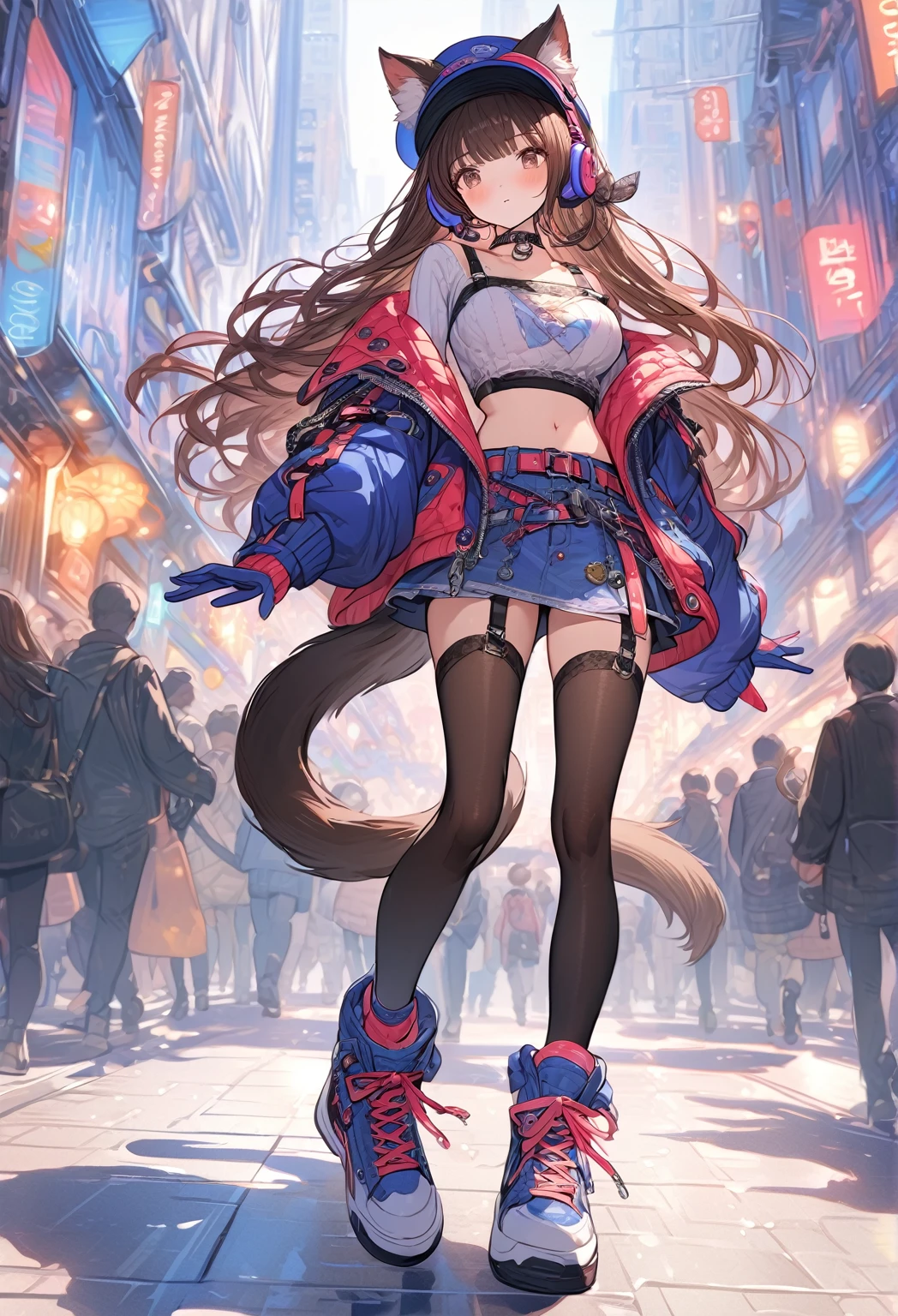 ((masterpiece:0), best quality, very aesthetic, newest, absurdres, detailed, high quality)
BREAK
highest quality, top quality, details, highres, ultra fine painting, digital art, official art, cinematic, 4k, 8k resolution, 8K CG wallpaper, CG, original artwork, detailed background, colorful background, blue atmosphere, High Dynamic Range, blurry background, blue hour, Starburst effects, crepuscular rays, good ISO, high resolution, wide shot, from far away, RAW photo, POV, sharp focus, light reflection, reflections, intricate details, soft light, particle noise, professional photography, bokeh, depth of field, natural lighting, vibrant colors, looking away, detailed lights and shadows, stylish, ultra-detailed, top rated on Pixiv, trending on Artstation, niji style, modern-days, master crafted, pose
BREAK
solo, 1girl, a girl, correct fingers, detailed hair, (medium big breasts:1.2), big thighs, short torso, short body, flushtered, blush, anxious expression, casual, slim, ((cute, childlike face):1.3), nice hips, nice body, brown hair, (long flowing hair:1.1), big 2 buns hairstyle, long bangs, long hair, middle hair bangs, brown eyes
BREAK
((colorful outfit), off shoulder crop top, short skirt, headphone, jacket, casual cap, belts, straps, choker, gloves, boots, stockings, garterbelt, accessories, outfit ornaments, sneakers, kemonomimi, 1 tail, correct tail, (full body:1.3))
BREAK
a close up of a person walking down a street with a crowd of people, crowded street, crowded streets, in front of a large crowd, giant crowd, girl walking through city, people walking down a street