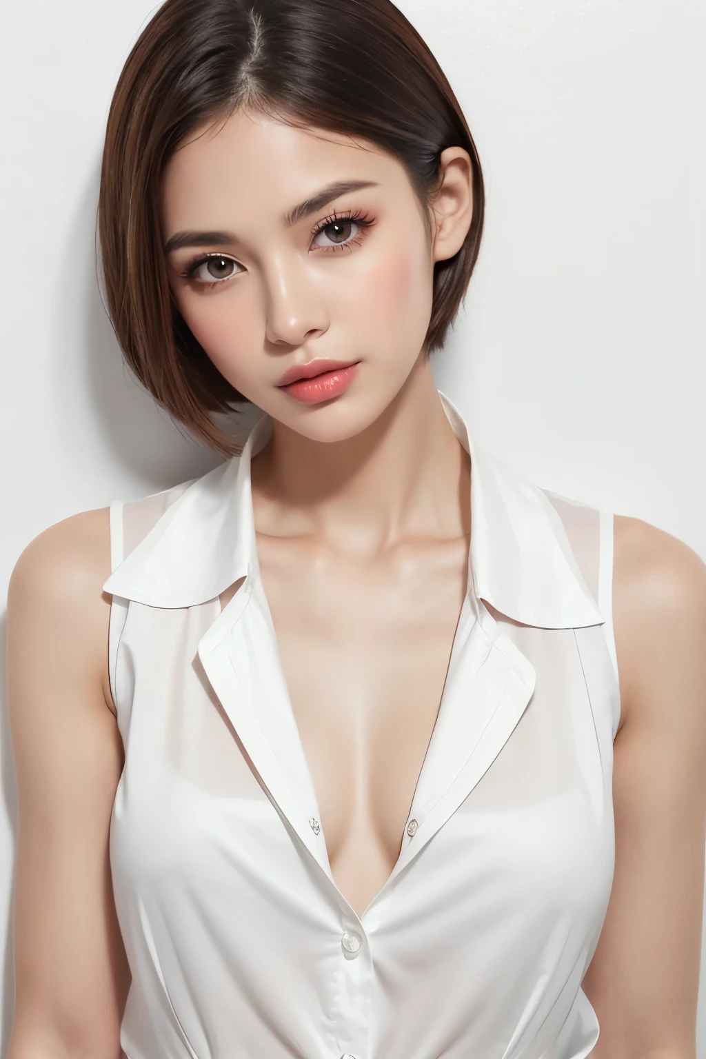 (Highest quality、Tabletop、8K、Best image quality、Award-winning works)、One beautiful mature woman、50 years old、(short hair:1.1)、(Cleavage:1.1)、(Perfect white polyester sleeveless open collar shirt:1.5)、(Bright white open shirt:1.2)、(Very bright:1.3)、Bright and shiny shirt、(Leaning against the simplest white wall:1.4)、Close-up of face、Beautiful clavicle、Cleavage、Perfect Makeup、Lustrous and bright lips、Accurate anatomy、Ultra-high definition beauty face、Ultra HD Hair、Super high quality sparkling eyes、(Ultra-high resolution glossy skin:1.1)、Super high quality glossy lip、Look straight ahead