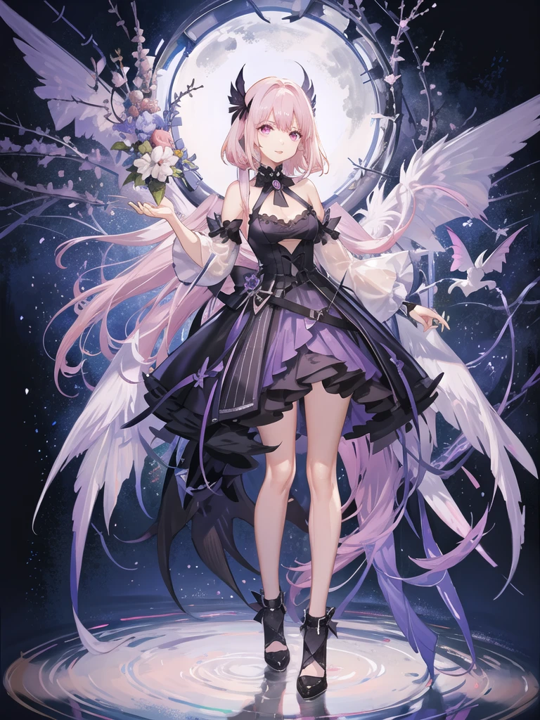 girl,full body,(detailed face:1.2), Masterpiece, fashion,black dress,, medium hair, light pink purple hair, purple pink eyes,There are wings hanging on the head..,white background,Vtuber,Full HD,The bat's wings on the left side of its head are white..,Long hair braided back,Shoulder length facial hair,purple highlighted hair color,There is a black choker on the neck..,full body,soft smile,The outfit has a yellow star pattern and a bat shadow pattern.,Solid black bat wings attached to both left and right sides of the head.