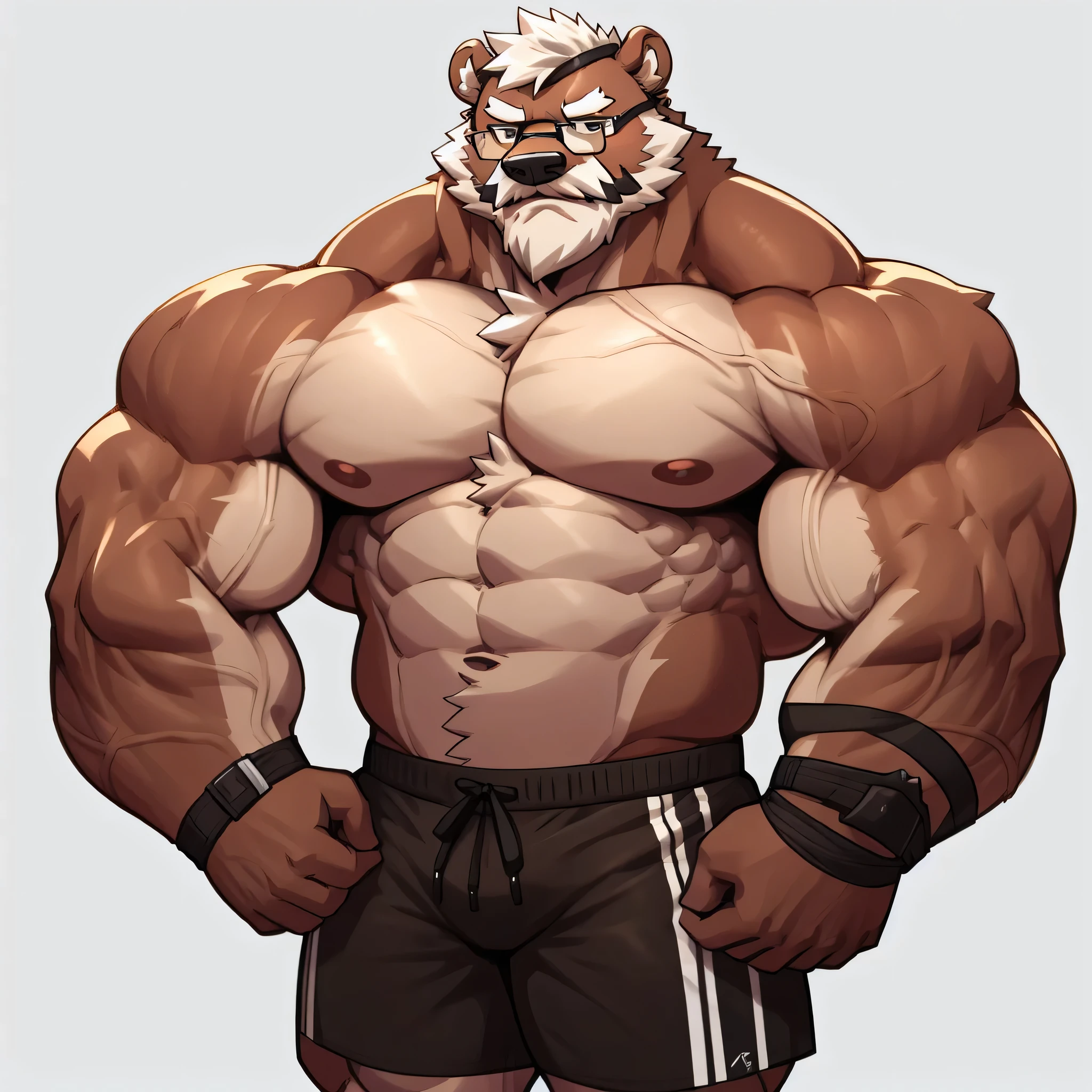 solo, 1boy, Huge Muscular Old Grizzly Bear wearing glasses , pectoral, huge pectoral, wide pectoral, short white hair, short pants, black wristbands and shirtless, bearded, Mustache, simple background, masterpiece, high detailed, 8k, high resolution, at the gym, flexes his huge bulging god-like muscles, veins popping