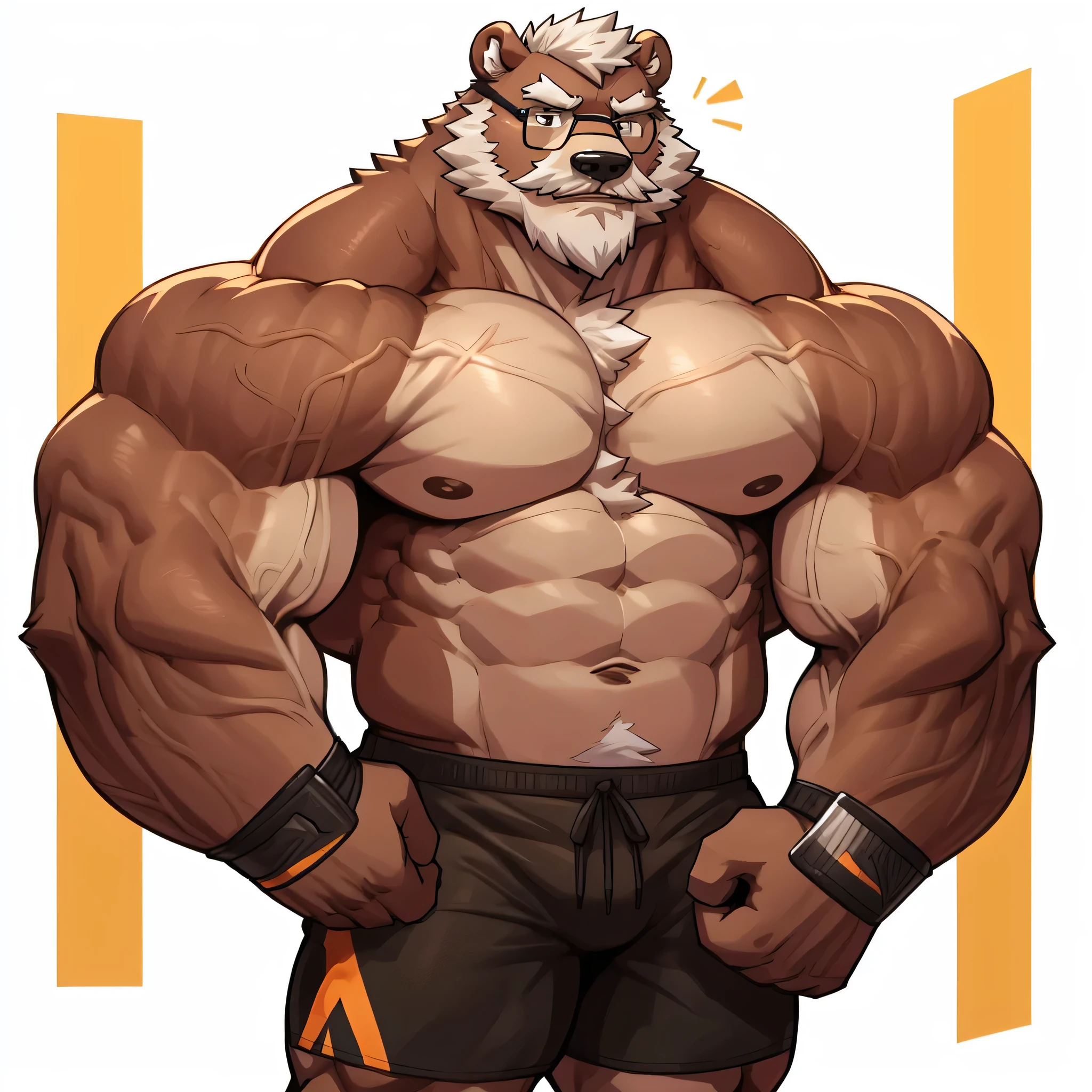 solo, 1boy, Huge Muscular Old Grizzly Bear wearing glasses , pectoral, huge pectoral, wide pectoral, short white hair, short pants, black wristbands and shirtless, bearded, Mustache, simple background, masterpiece, high detailed, 8k, high resolution, at the gym, flexes his huge bulging god-like muscles, veins popping