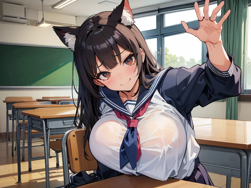 high school girl、classroom、(Big Breasts)、((((独奏))))、smirk