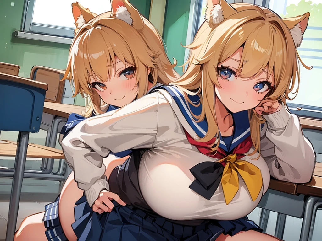 high school girl、classroom、(Big Breasts)、((((独奏))))、smirk