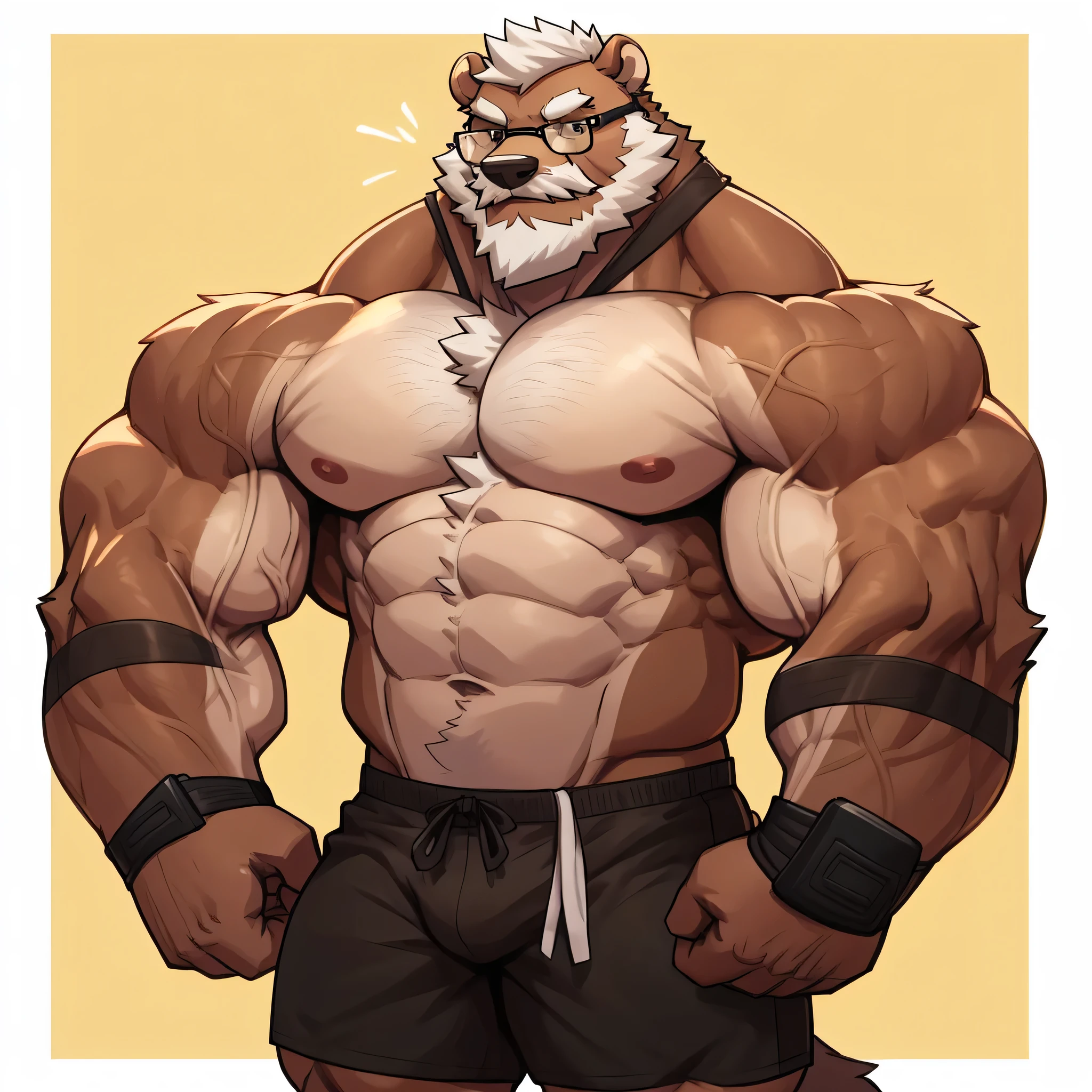 solo, 1boy, Huge Muscular Old Grizzly Bear wearing glasses , pectoral, huge pectoral, wide pectoral, short white hair, short pants, black wristbands and shirtless, bearded, Mustache, simple background, masterpiece, high detailed, 8k, high resolution, at the gym, flexes his huge bulging god-like muscles, veins popping