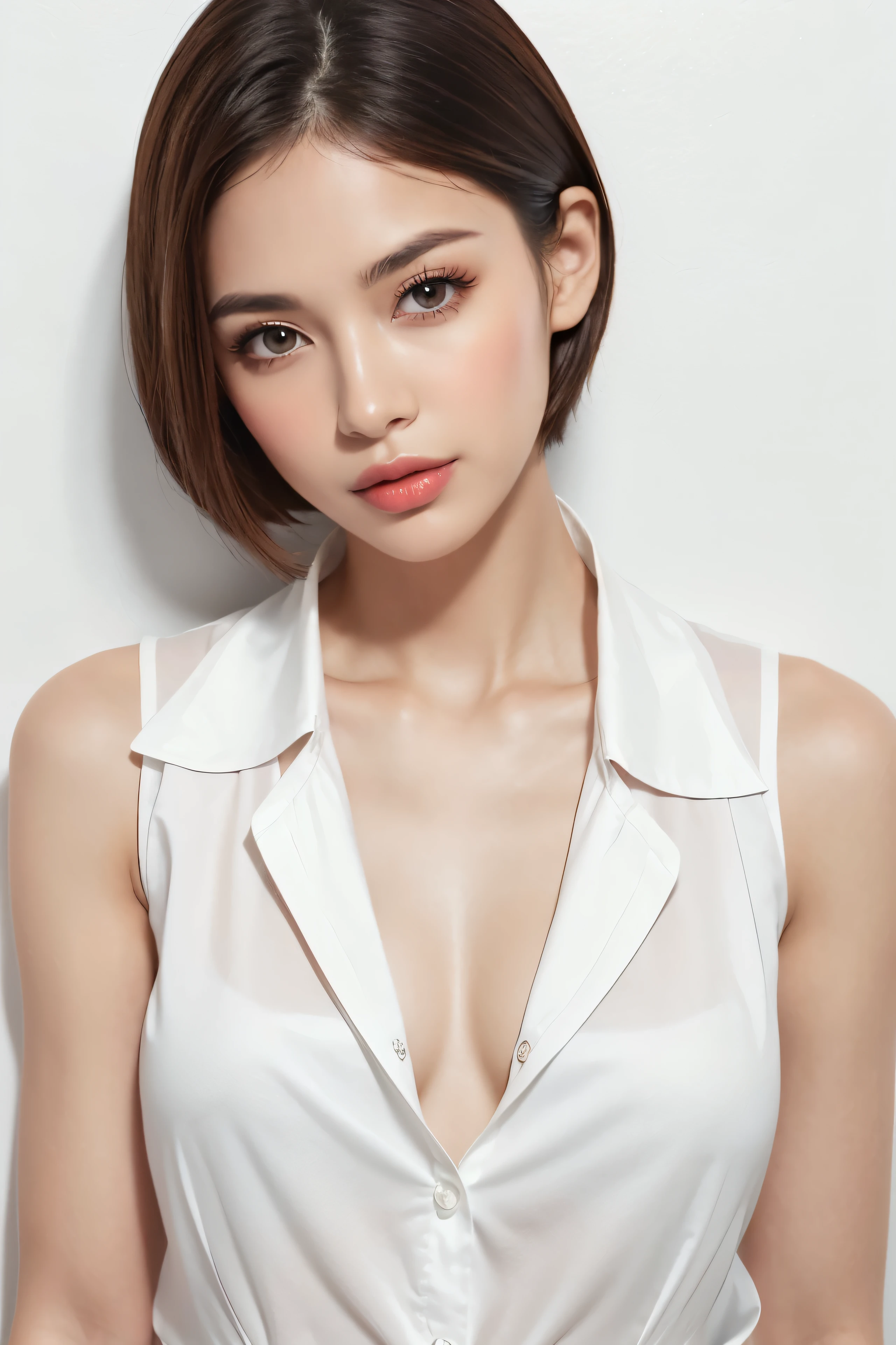 (Highest quality、Tabletop、8K、Best image quality、Award-winning works)、One beautiful mature woman、50 years old、(short hair:1.1)、(Cleavage:1.1)、(Perfect white polyester sleeveless open collar shirt:1.5)、(Bright white open shirt:1.2)、(Very bright:1.3)、Bright and shiny shirt、(Leaning against the simplest white wall:1.4)、Close-up of face、Beautiful clavicle、Cleavage、Perfect Makeup、Lustrous and bright lips、Accurate anatomy、Ultra-high definition beauty face、Ultra HD Hair、Super high quality sparkling eyes、(Ultra-high resolution glossy skin:1.1)、Super high quality glossy lip、Look straight ahead