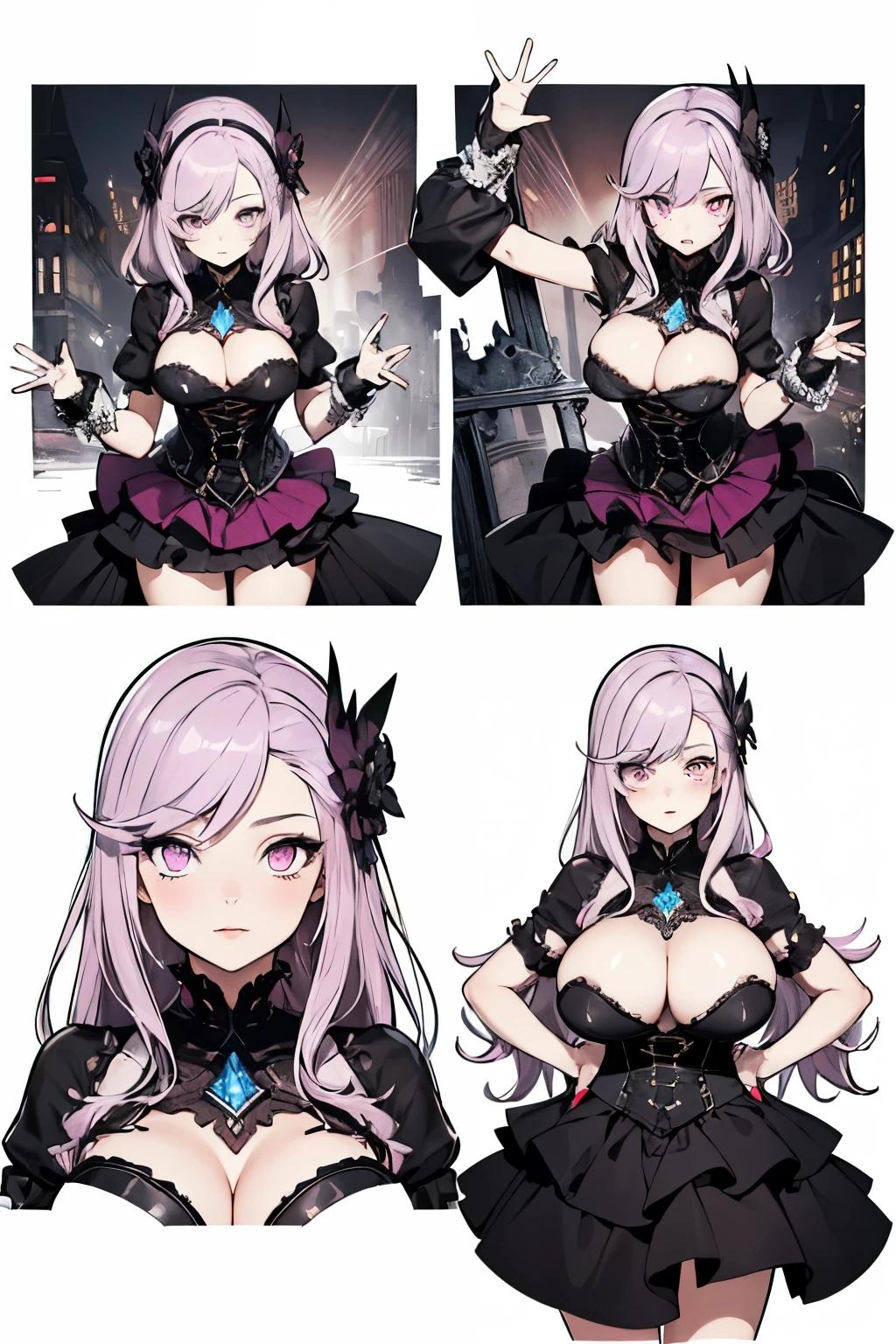 ((Best Quality)), ((Masterpiece)), (detailed), 1 girl, big breasts, lilac hair, pink eyes, gothic, little dynamic, no more than 2 hands, no more than two legs, perfect anatomy.
