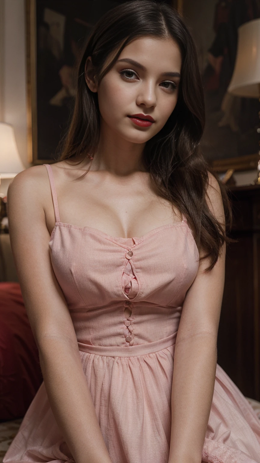 Red lips, pink dress, masterpiece, best quality, portrait of 1girl,