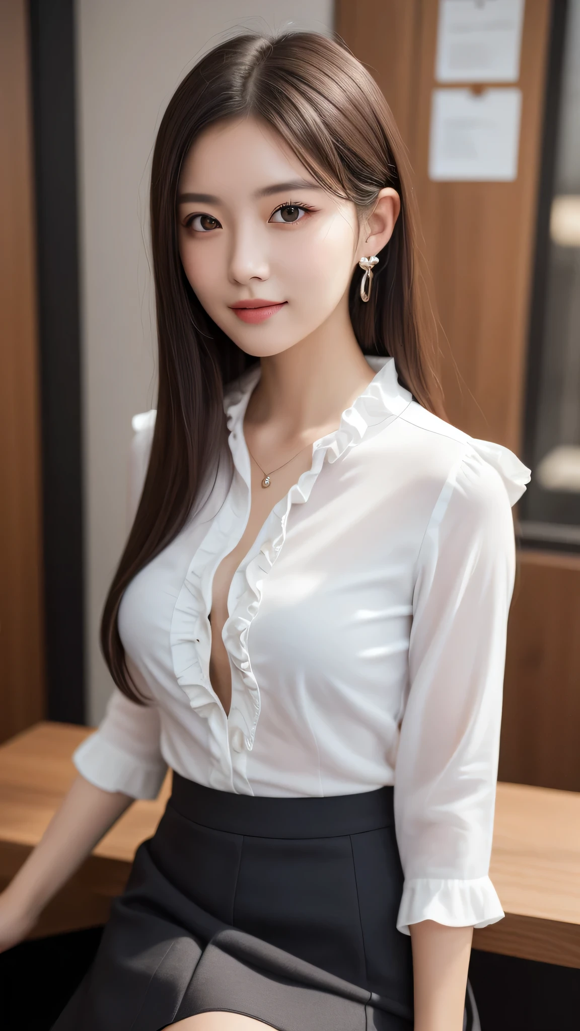 (1girl), (round eyes:1.2), (highly detailed face and eyes), smile, Amazing face and eyes, (frills shirt:1.3), (Best Quality:1.4), (Ultra-detailed), (extremely detailed CG unified 8k wallpaper), Highly detailed, High-definition raw color photos, Professional Photography, Realistic portrait, Amazing face and eyes, indoors, office, (office lady, casual, No sleeve, mini Skirt:1.3), (A moment of relaxation), model, depth of fields, (fine face:1.2),