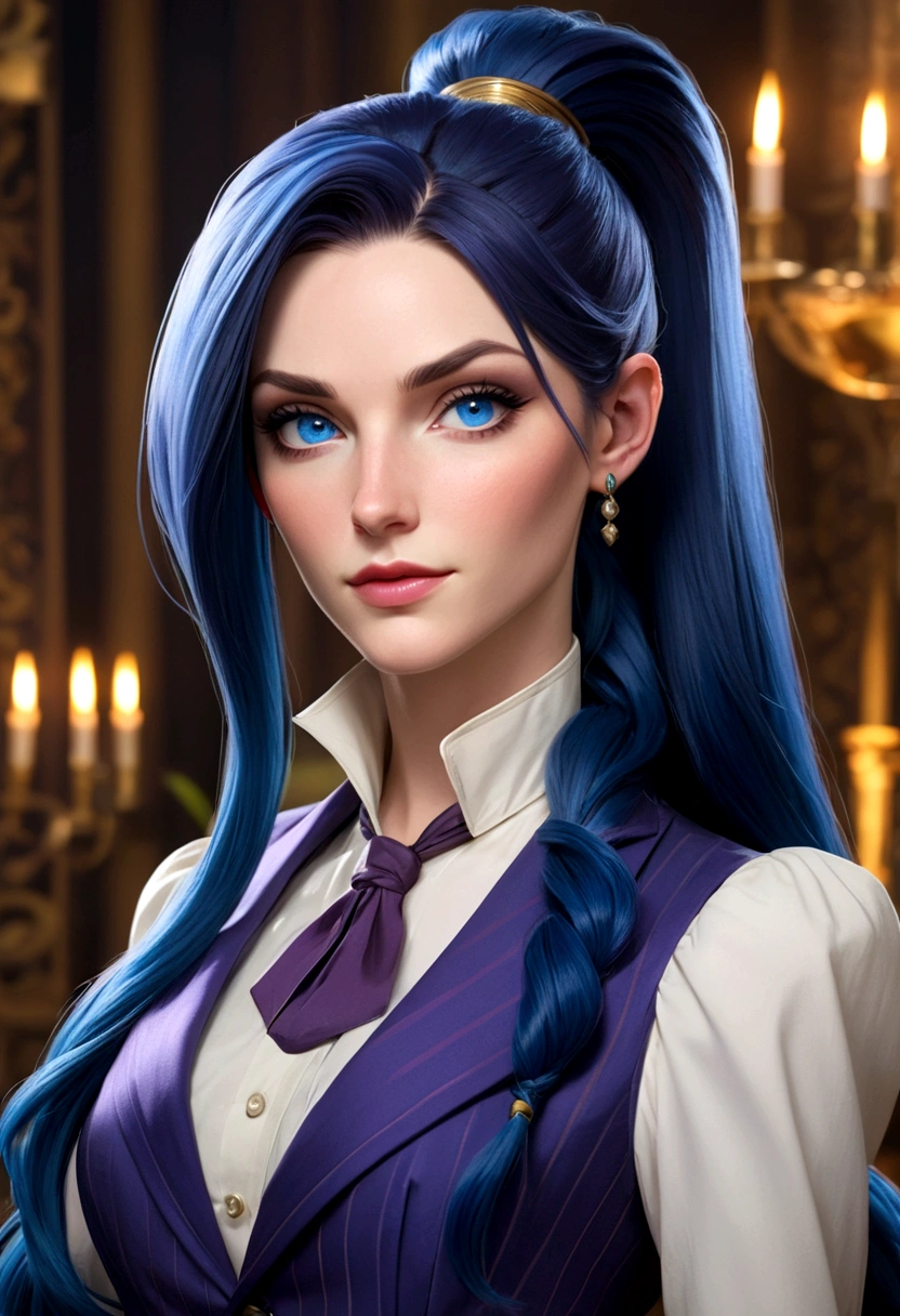 Caitlyn from League of Legends, a tall, slender, pale-skinned woman with piercing blue eyes and long straight dark blue hair in a high ponytail with a loose strand on the right side of her face., wears an elegant suit from the Victorian era