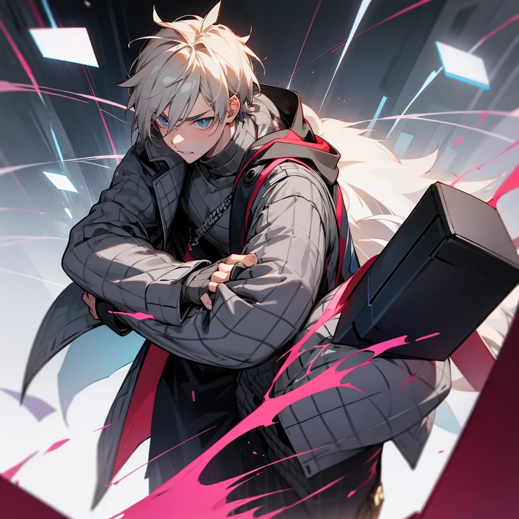 young male gamer in a gray checkered jacket carrying Thor's ax, wearing glasses and wavy black hair with a taper cut, black eyed.