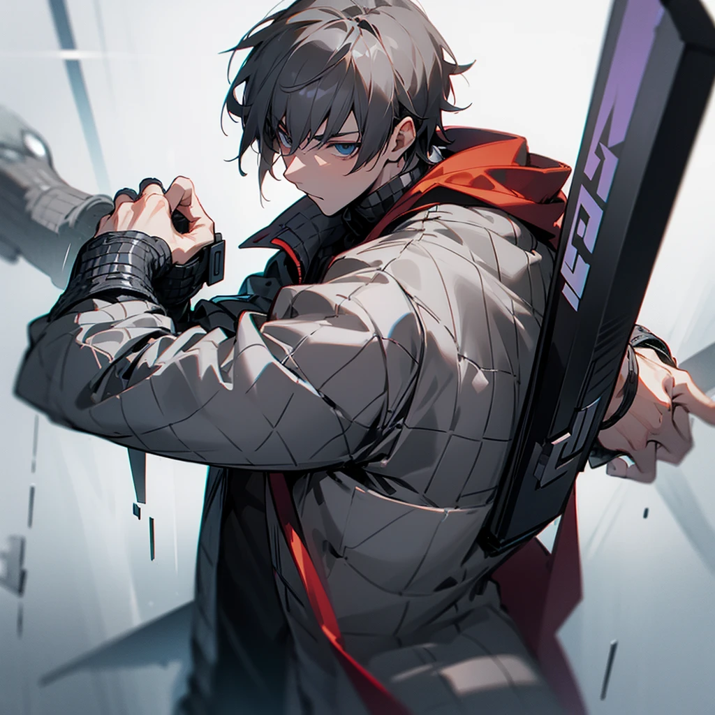 young male gamer in a gray checkered jacket carrying Thor's ax, wearing glasses and wavy black hair with a taper cut, black eyed.