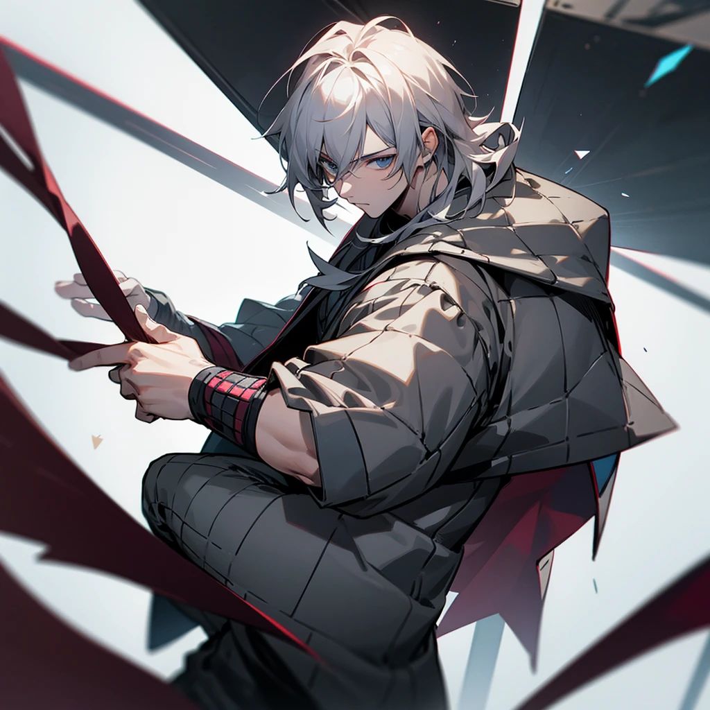 young male gamer in a gray checkered jacket carrying Thor&#39;s ax, wearing glasses and wavy black hair with a taper cut, black eyed.