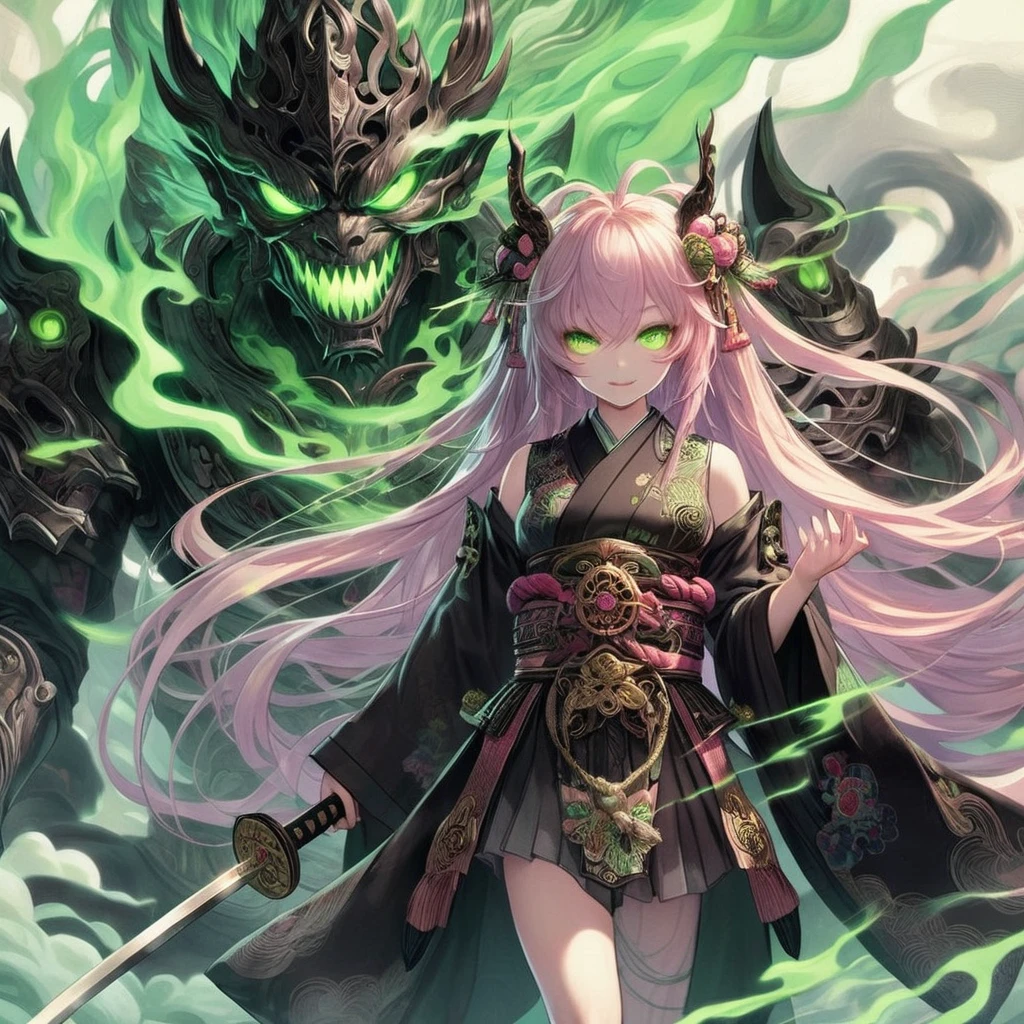 masterpiece, highest quality, A full-body illustration from the front. The main character is a young girl in a traditional Japanese long black outfit with long pink hair. She is holding a sword and behind her is a huge, menacing spirit with a terrifying expression and wearing elaborate armor. Green smoke swirls around her. Her eyes are green, matching the aura of the spirit. The overall scene is dynamic and vivid, with a mysterious and otherworldly atmosphere.