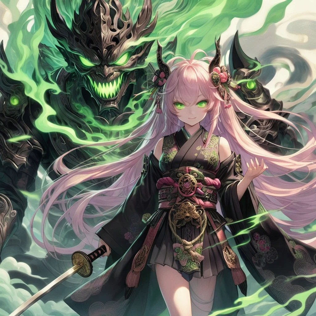 masterpiece, highest quality, A full-body illustration from the front. The main character is a young girl in a traditional Japanese long black outfit with long pink hair. She is holding a sword and behind her is a huge, menacing spirit with a terrifying expression and wearing elaborate armor. Green smoke swirls around her. Her eyes are green, matching the aura of the spirit. The overall scene is dynamic and vivid, with a mysterious and otherworldly atmosphere.