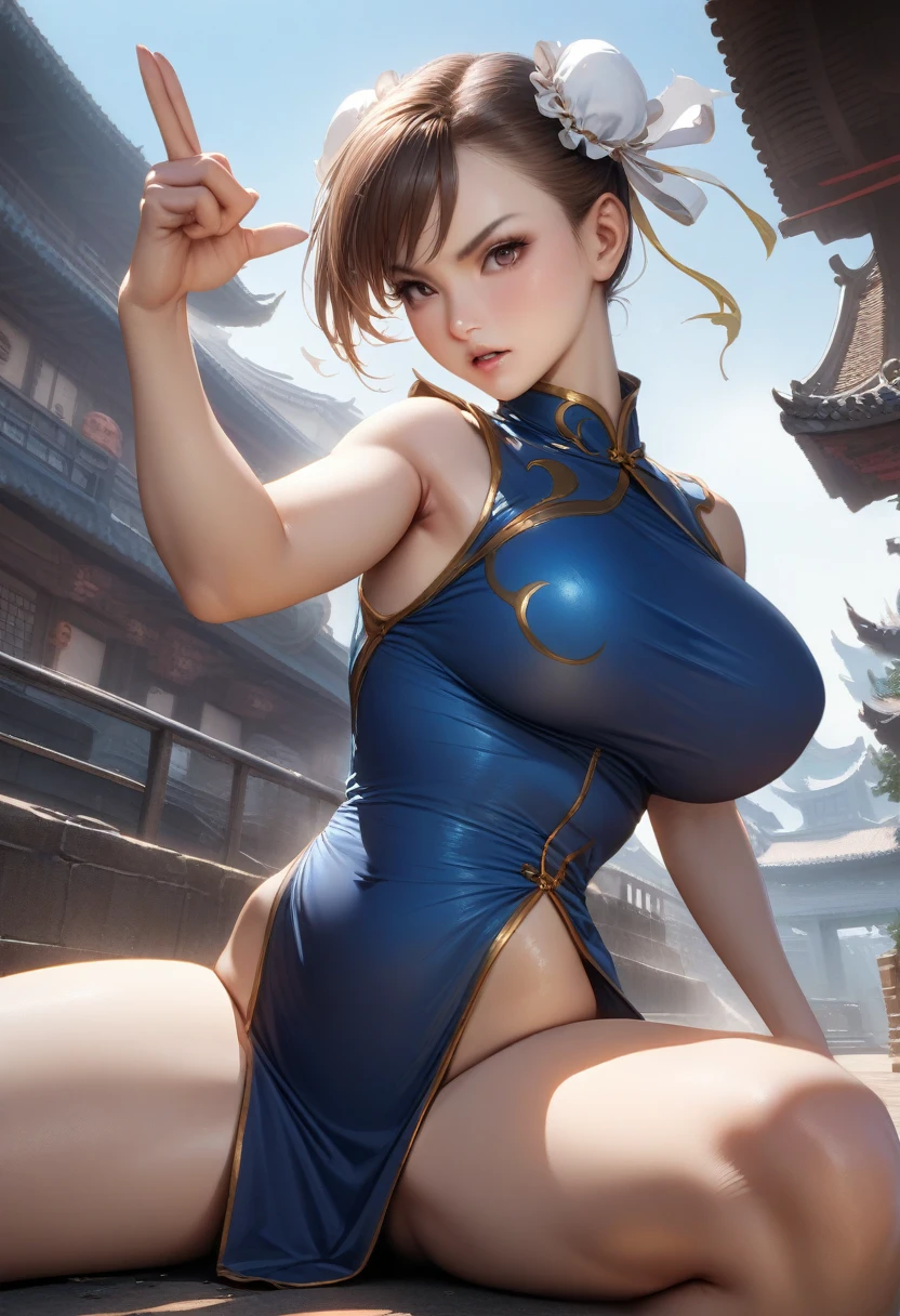 Chun-Li,blue chinese dress,perfect hands, perfect finger,perfect anatomy, masterpiece, best quality,realistic, hyperrealistic, 16k hdr,1girl, large breasts,dynamic fighting pose,spread legs, outdoor,strong wind,micro panty