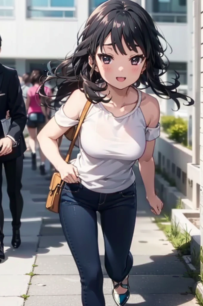 mioakiyama, My Akiyama, Long Hair, bangs, Black Hair, (Iris:1.3), Hime cut happy smile, smile, Open your mouth,blush,Cold shoulder tops,skinny pants,Stiletto heels,Walking,The sun is rising,morning,morning陽,whole bodyがイラストに入るように,
break outdoors, School,courtyard,
break looking at viewer, whole body,
break (masterpiece:1.2), Highest quality, High resolution, unity 8k wallpaper, (figure:0.8), (Beautiful attention to detail:1.6), Highly detailed face, Perfect lighting, Highly detailed CG, (Perfect hands, Perfect Anatomy),