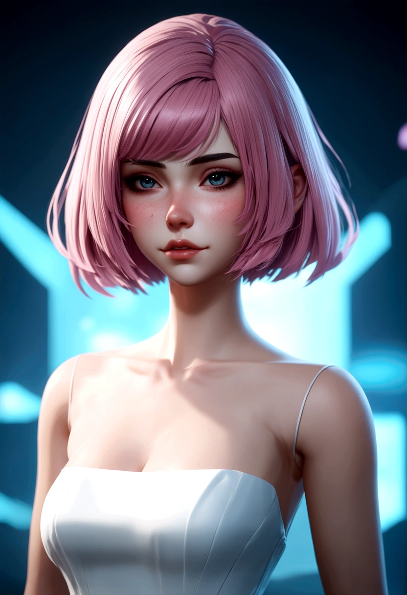 arcanevi, a woman with medium short pink hair wearing a white dress, female face, unreal engine character art, portrait