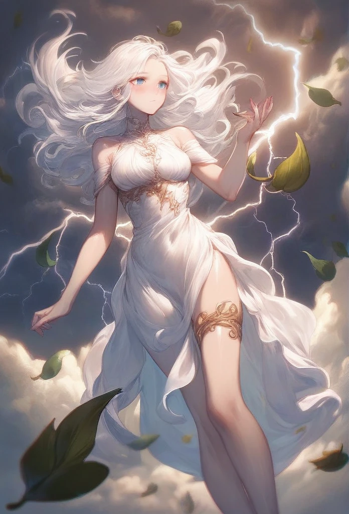 score_9, score_8_up, score_7_up, 1 girl, Air Elemental girl, swirling air, hovering among the clouds, air, gold jewelry, thigh strap, shiny skin, blush, beautiful face, blue eyes, white hair, floating hair, gentle breeze, white skin, white sexy sheer dress, dutch angle, bottomless, pink fingernails, moonlight, stormlight, green leaves, flying leaves, lightning, wind, swirling wind currents, lightning bird, magical elements, high fantasy expressiveH