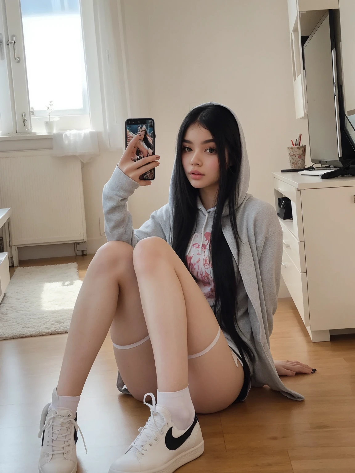 there is a woman sitting on the floor taking a photo, Instagram Template, long white stockings, Pretty face with arms and legs, 18 years, thighs and skirt, sexy look at the camera, sexy look, with long hair and piercing eyes, 19 year old girl, black haired girl with hoodie, chica sexy
