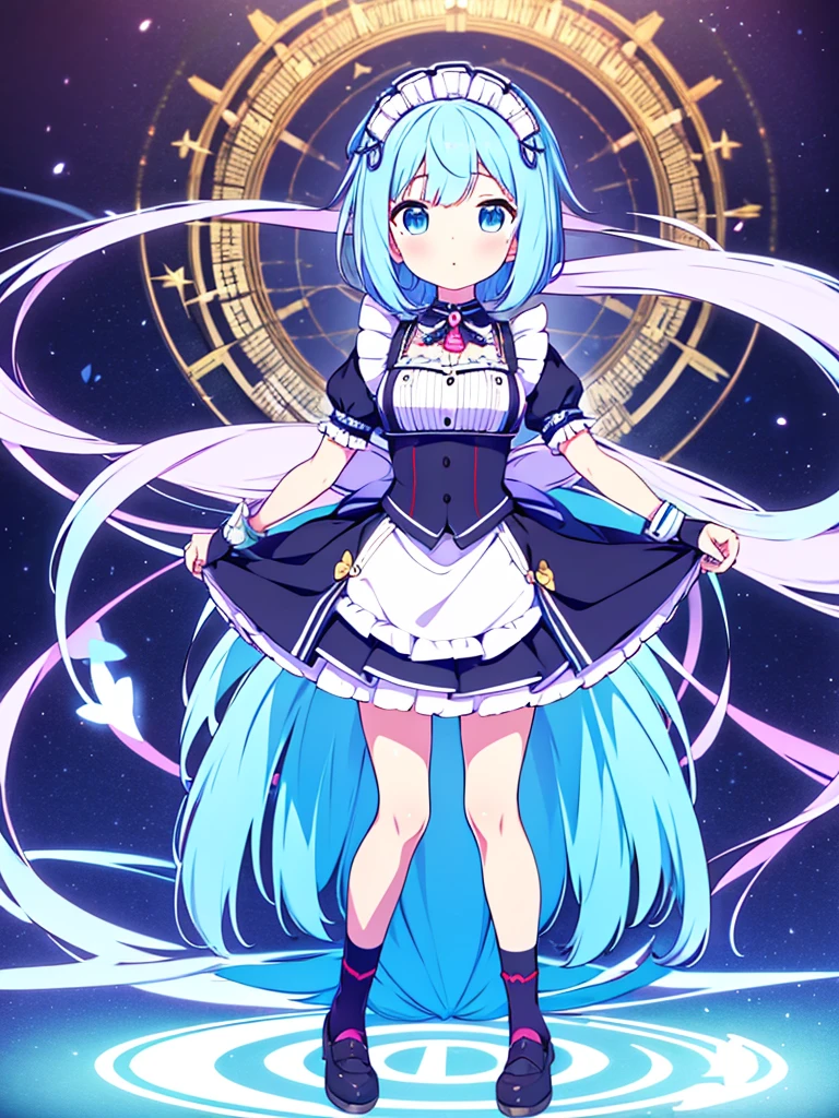Vtuber Beautiful great quality 8k very detailed perfect anatomy a girl in a black and white dress standing on a blue floor, an anime drawing inspired by Puru, trend on pixiv, tachisme, Live2D Virtual Youtuber Model, anime moe art style, holoviva, mikudayo, magical girl style, my dress anime darling, maid outfit, I will deny the matter