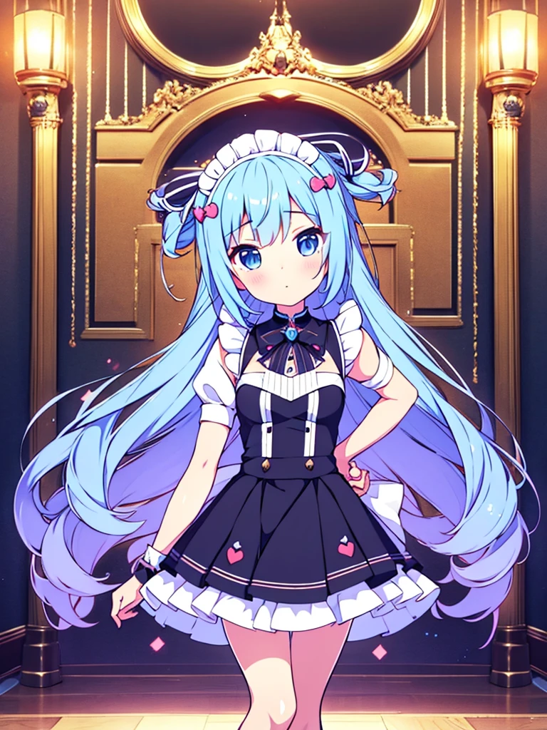 (chibi style, big head, big eyes, bright holographic pastel colors:1.3), standing, cute chibi french maid wearing (pastel ruffled gleaming holographic:1) dress with latex maid gloves, soft lighting, Mary Janes shoes, ruffles, short ruffled bobby socks, (small breasts, cute face, perfect symmetric face), (happy smile with closed eyes, ^_^), (curtsy), (inside rich mansion, detailed background:1.4), (sparkling hair, sparkling clothes:1.2),
(absurdres, incredibly absurdres, huge filesize, extremely detailed, High quality texture, physically-based rendering, Ray tracing, octane render, sharp focus, (Masterpiece), (Best Quality), extremely detailed, intricate, hyper detailed, illustration, soft lighting, high resolution, sharp detail)